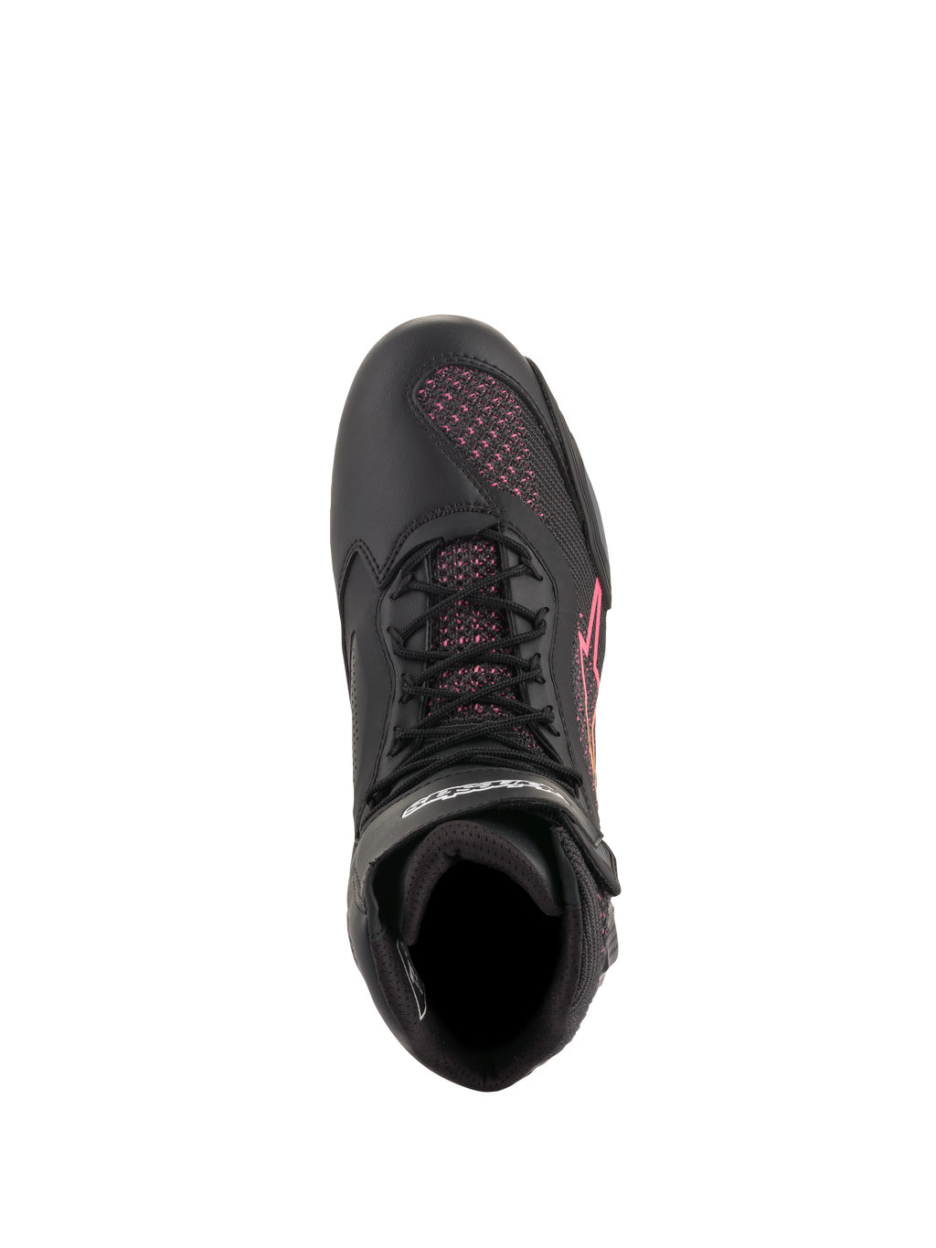 Alpinestars Women Stella Faster-3 Rideknit® Shoes, Motorcycle Riding Shoes, Black Yellow Pink, top-down view highlighting black laces and pink knitted mesh panels, lightweight and breathable sport footwear