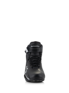 Alpinestars Stella Faster-4 Shoes, Women's Riding Shoes, Black, front view, featuring lace closure and adjustable hook-and-loop strap with Alpinestars logo, technical road riding footwear with lightweight microfiber construction