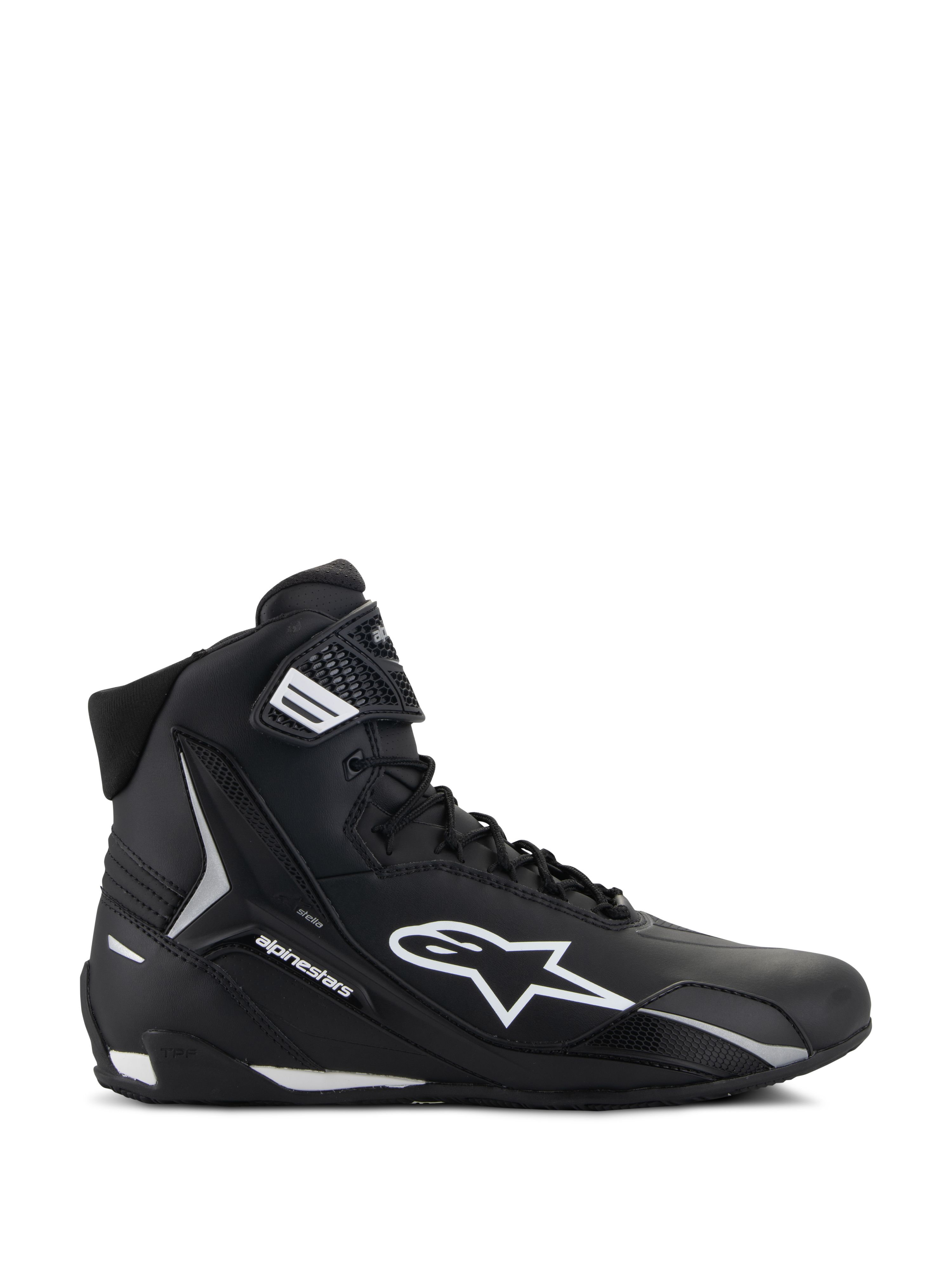 Alpinestars Stella Faster-4 Shoes, Women's Motorcycle Riding Shoes, Black and White, High-top design featuring Astars logo and ankle strap, Lateral side profile view
