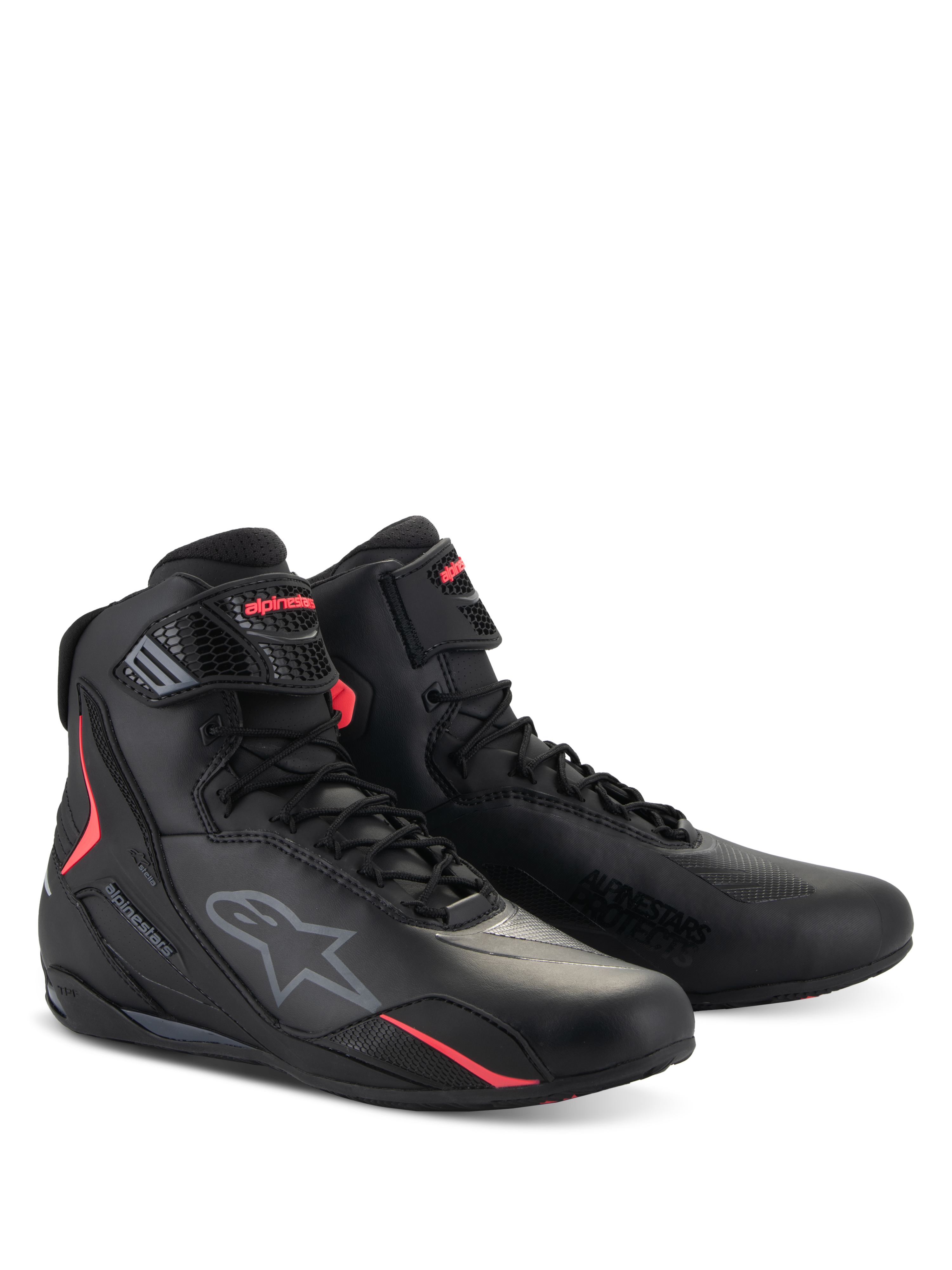 Alpinestars Stella Faster-4 Shoes, Women's Motorcycle Riding Shoes, Black and Diva Pink, technical high-top design with lace closure and adjustable strap, featuring the Alpinestars logo and vibrant pink accents, sleek protective footwear for road riding