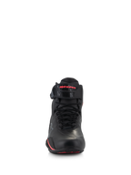Alpinestars Woman Stella Faster-4 Shoes, Women's Motorcycle Riding Shoes, Black and Diva Pink, front view featuring black laces, adjustable ankle strap with pink logo, and sleek microfiber construction
