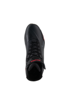 Alpinestars Woman Stella Faster-4 Shoes, Black and Diva Pink, top view of a single motorcycle riding shoe, featuring black laces, an ankle strap with red branding, and a sleek microfiber upper