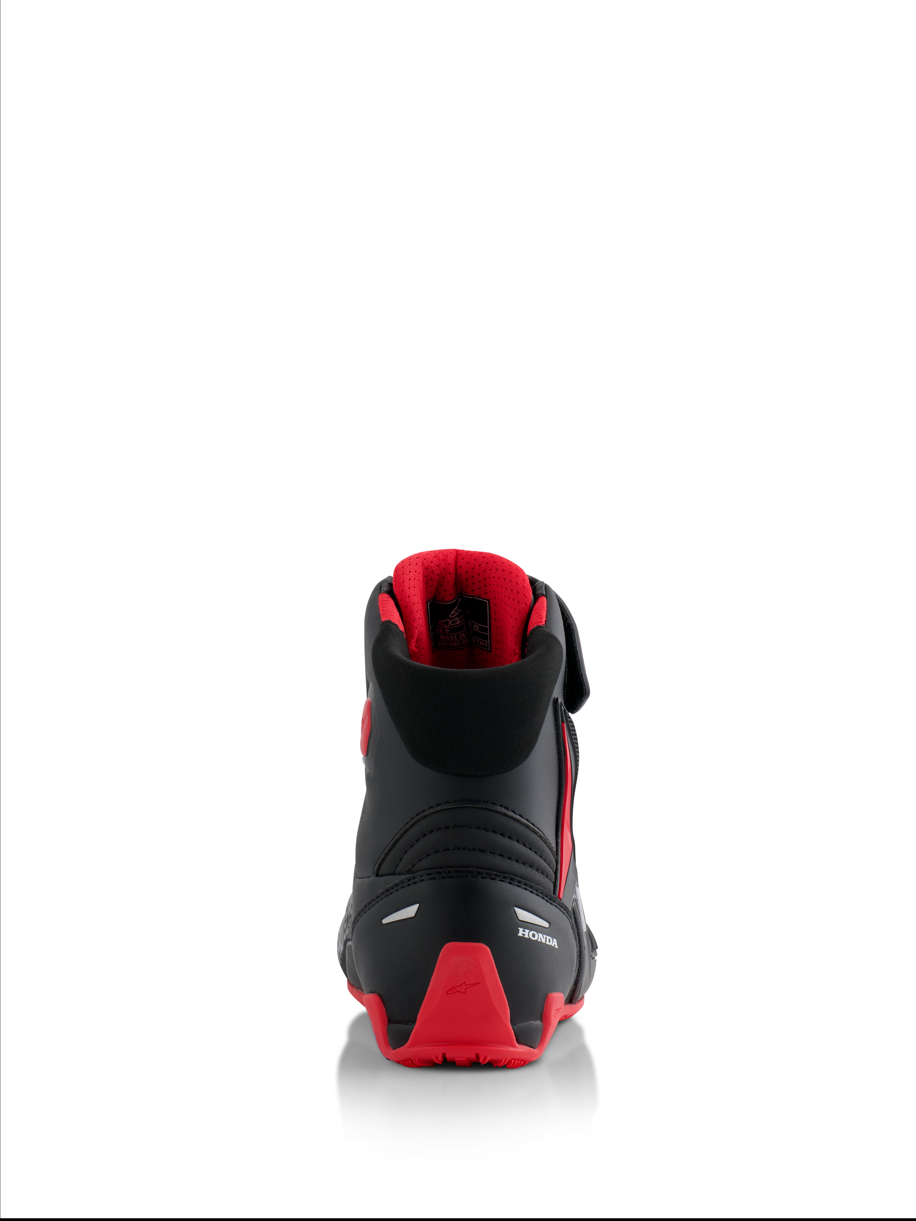 Alpinestars Honda Faster-4 Shoes, motorcycle riding shoes, Black and Red, rear view showing white Honda branding and red TPU heel counter, padded collar with red mesh lining, reflective accents for safety
