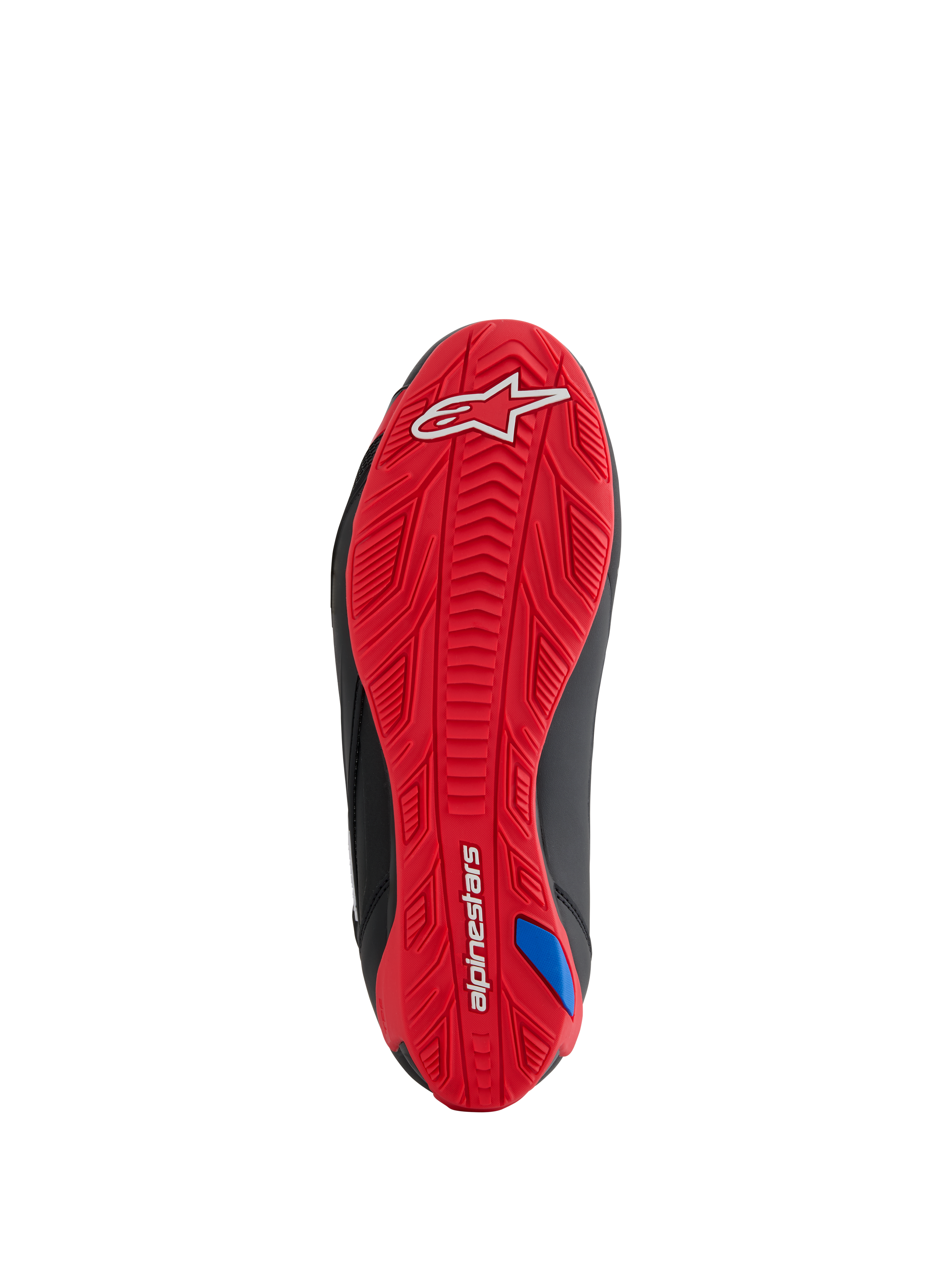 Alpinestars Honda Faster-4 Shoes, Sole View, Bright Red textured rubber outsole, features white Alpinestars logo on heel and wordmark on arch, integrated grip pattern for motorcycle riding, black side accents