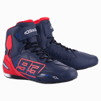 Alpinestars MM93 Austin Riding Shoe, Night Navy and Bright Red, high-top motorcycle footwear featuring the bold 93 logo on the side, secure lace and hook-and-loop strap closure, sporty design for road riding