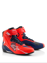 Alpinestars MM93 Faster-4 Shoes, motorcycle riding shoes in Red Fluo and Dark Blue, featuring a lace-up closure with a top ankle strap, white Alpinestars logos, and technical microfiber construction for road and sport riding.