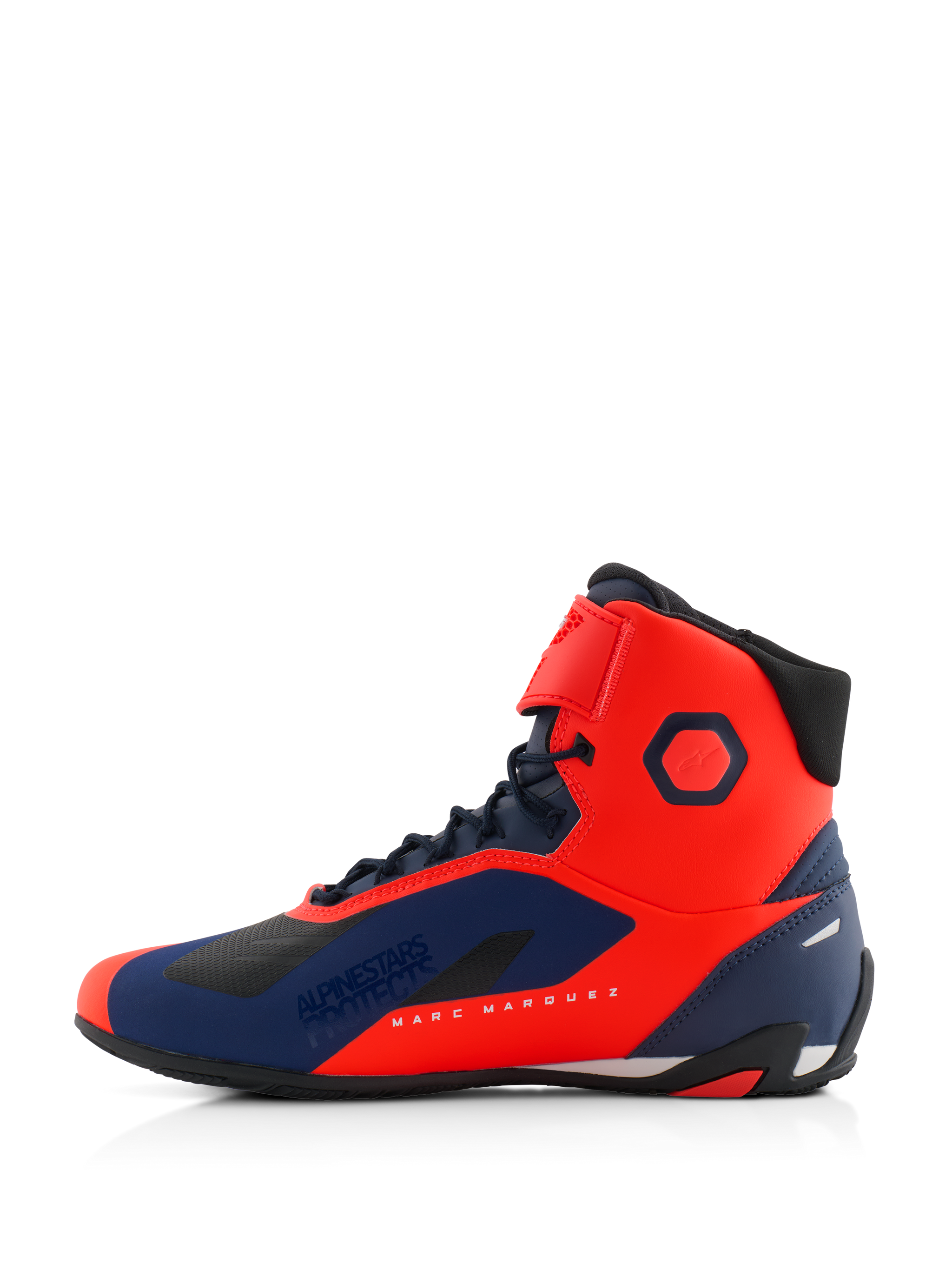 Alpinestars MM93 Faster-4 Shoes, Motorcycle Riding Shoes, Red Fluo and Dark Blue, side profile view featuring Marc Marquez branding, lace closure with top strap, sleek performance design for road riding