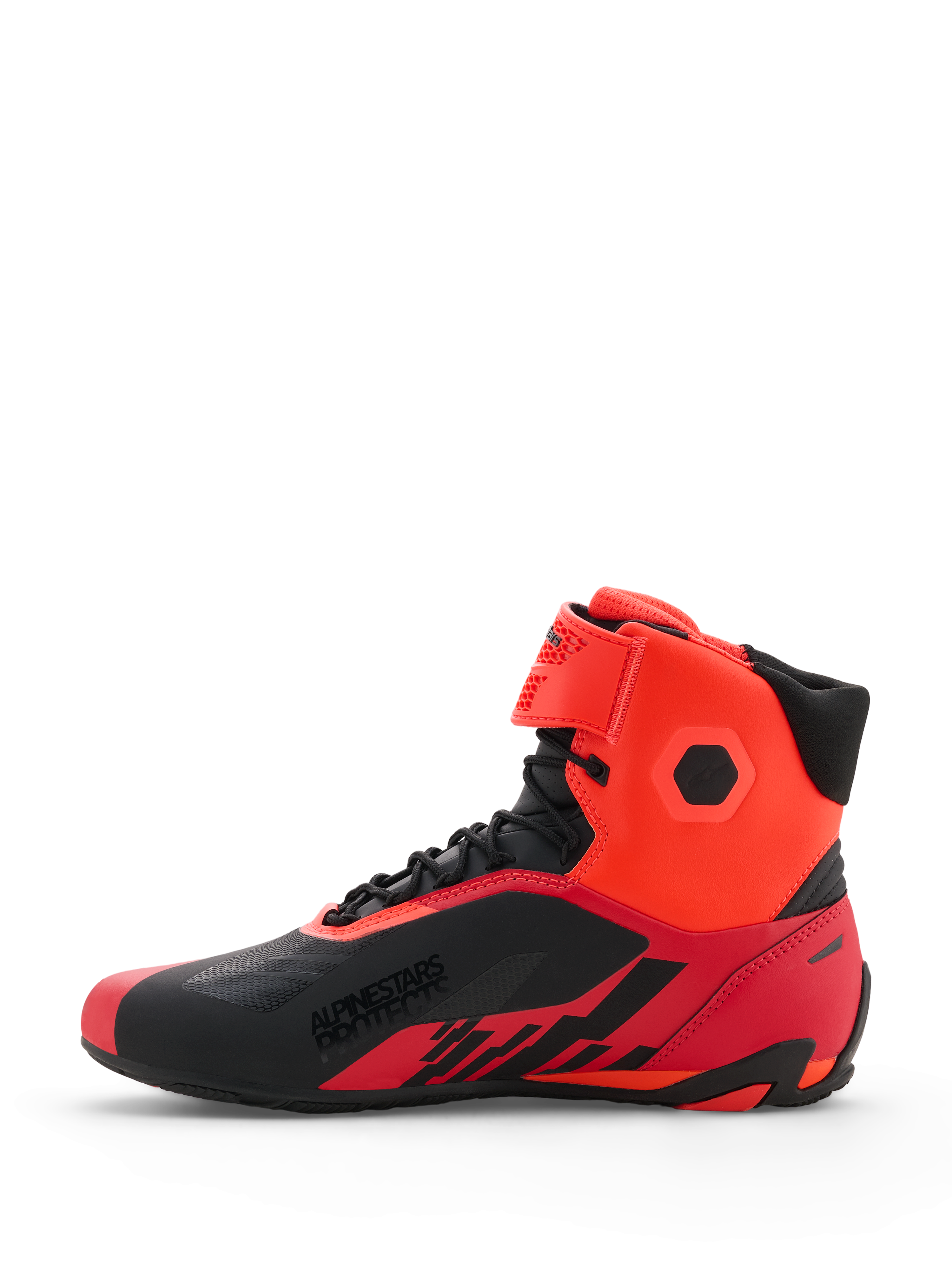 Alpinestars MM93 Faster-4 Shoes, Motorcycle Riding Shoes, Red Fluo and Black, side profile view showing technical microfiber construction, lace-up closure with hook-and-loop ankle strap, 'ALPINESTARS PROTECTS' branding on the side, sport-inspired design for road riding