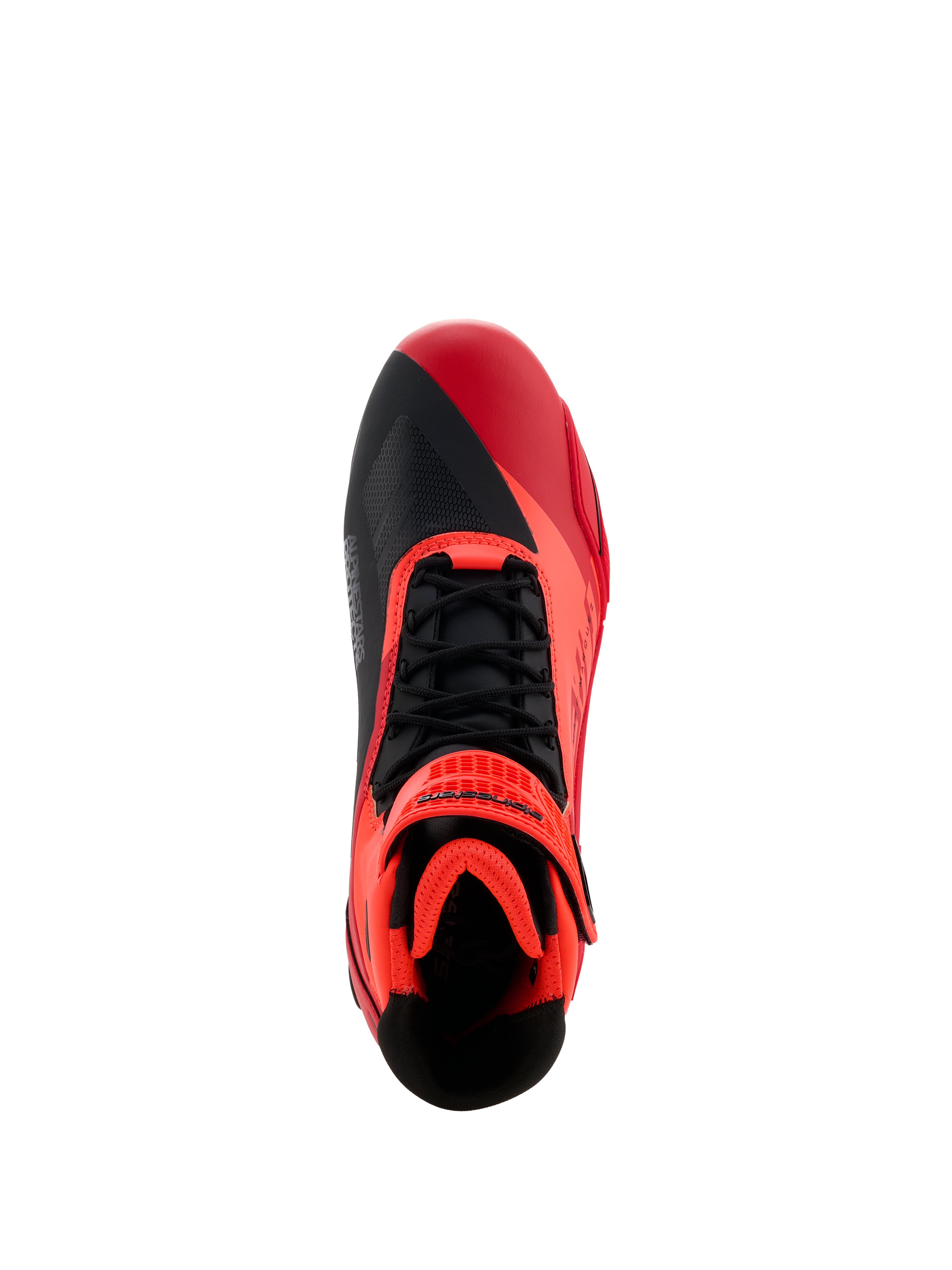 Alpinestars MM93 Faster-4 Shoes, Motorcycle Riding Shoes, Red Fluo Bright Red and Black, top-down view featuring black laces and red hook-and-loop strap, asymmetric toe design, and padded interior for sport riding.