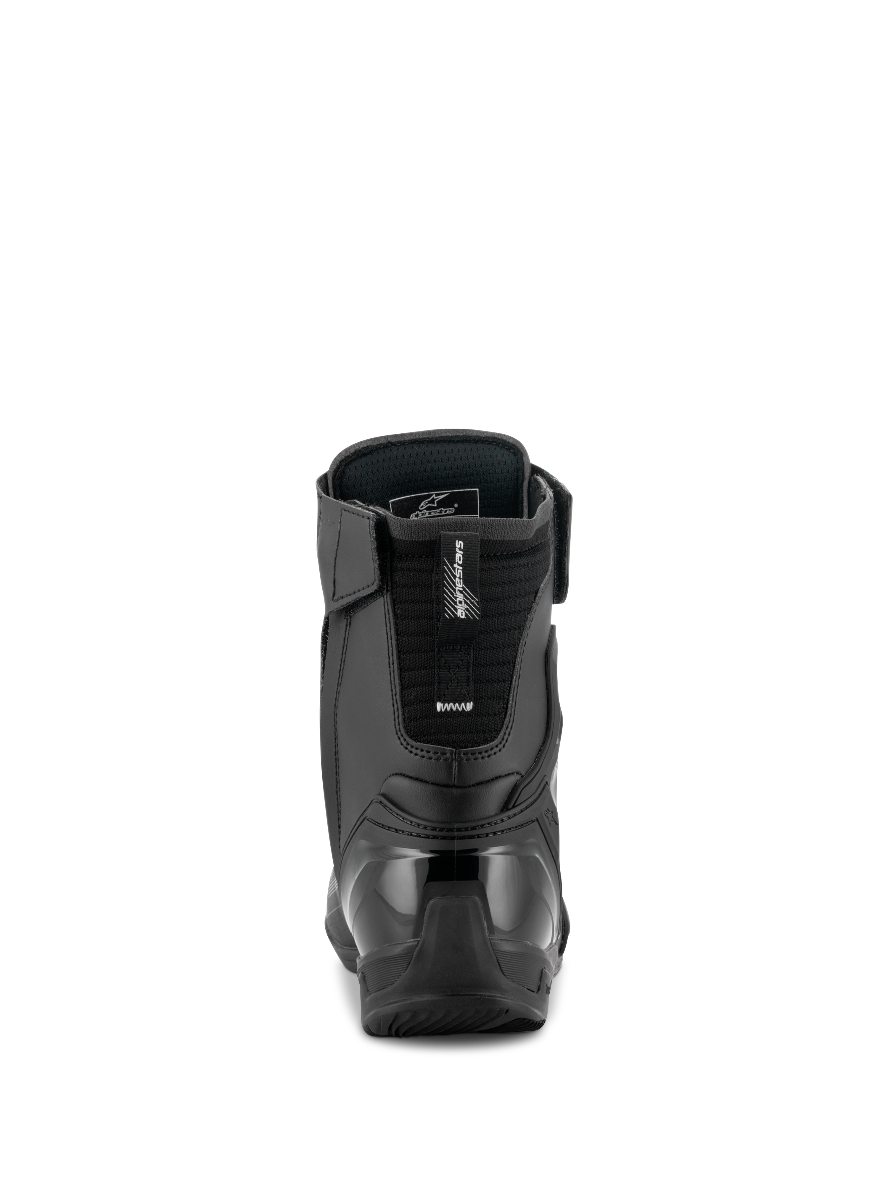 Alpinestars Superfaster Shoes, Black Gray Bright Red, rear view showing the reinforced TPU heel counter and Achilles extension, technical high-top motorcycle riding shoe with microfiber panels.