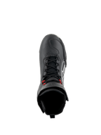 Alpinestars Superfaster Shoes, Black/Gray/Bright Red motorcycle riding shoes, top-down view showing black speed laces with red accents, reinforced toe box and tall ankle collar, technical footwear for road and sport riding