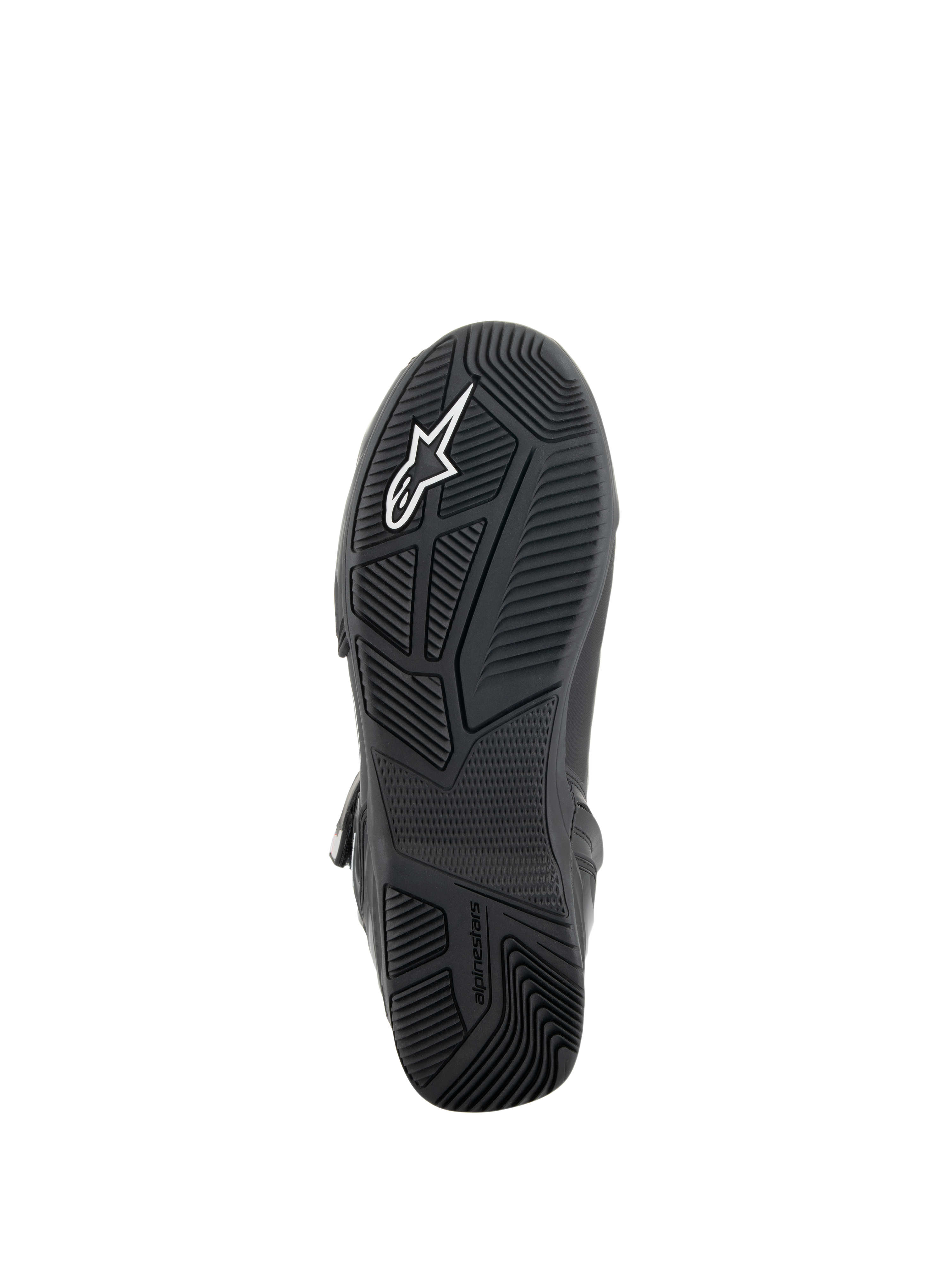 Alpinestars Superfaster Shoes, Bottom view of the sole, Black rubber outsole with engineered multi-directional grip patterns, featuring white Alpinestars logo and embossed branding, technical footwear design for motorcycle riding