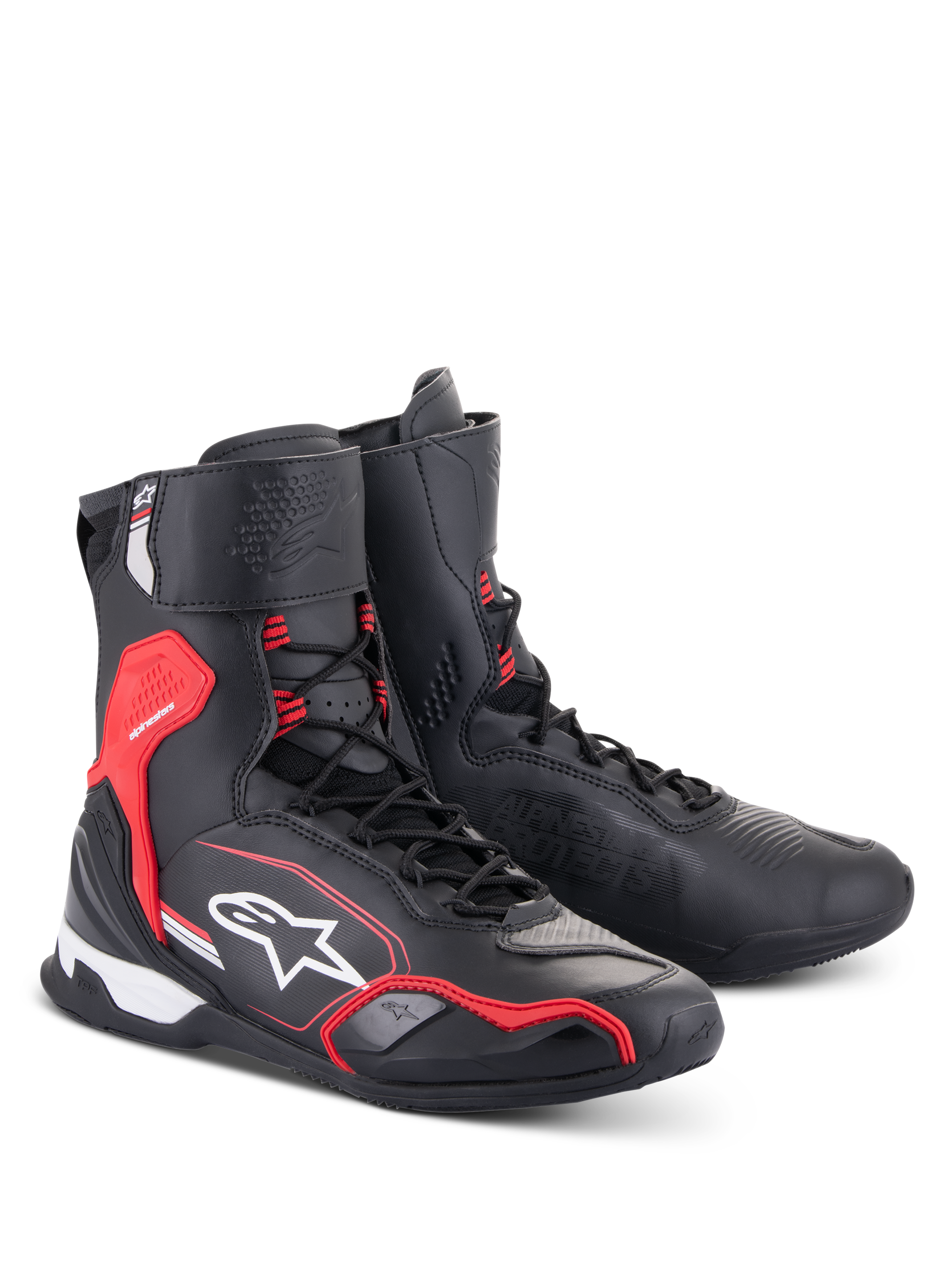 Alpinestars Superfaster Shoes, Motorcycle Riding Shoes, Black Bright Red and White, high-top design with speed lace system, reinforced ankle and heel protection, featuring Alpinestars branding and technical microfiber construction
