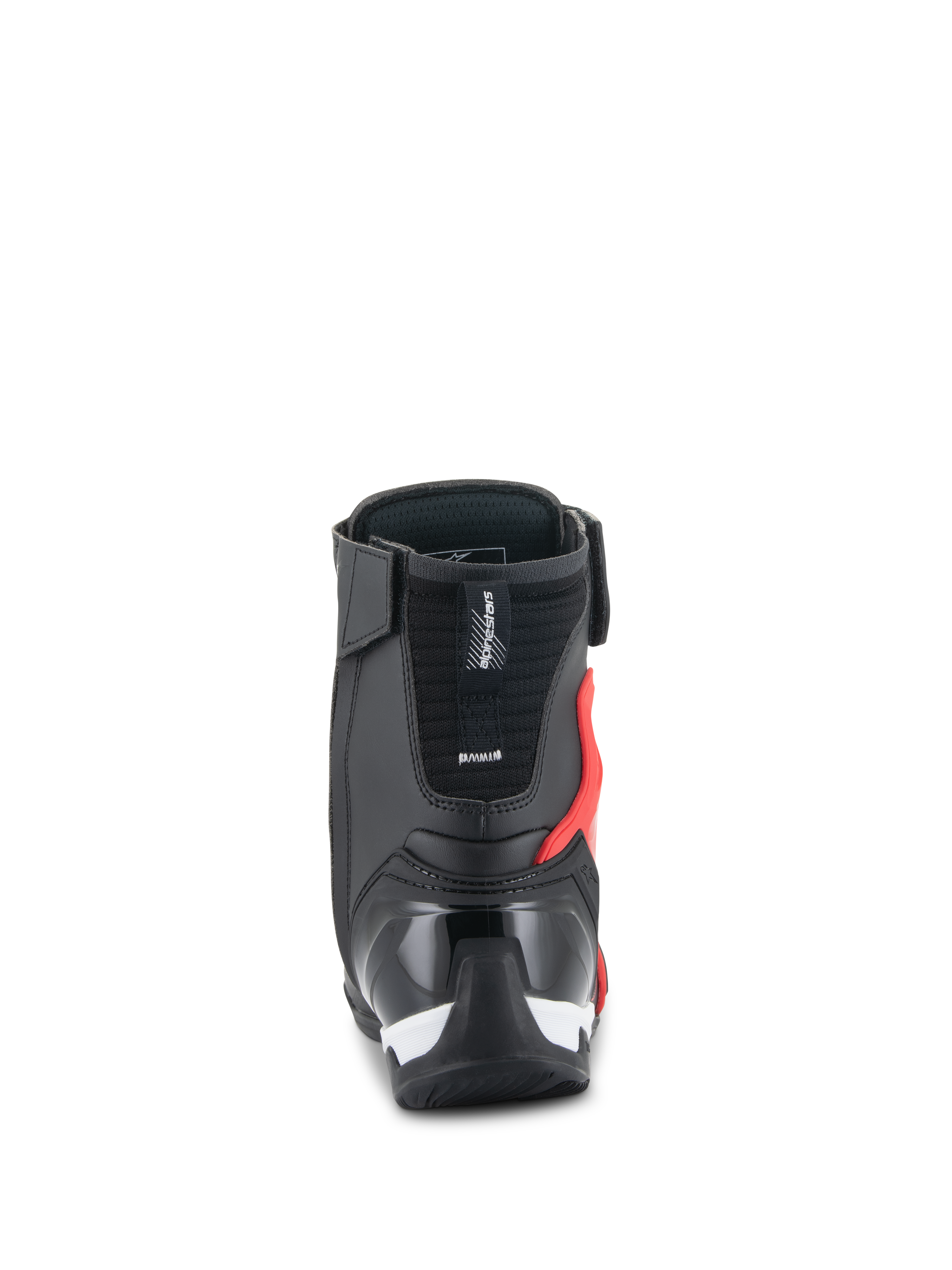 Alpinestars Superfaster Shoes, Motorcycle Riding Shoes, Black Bright Red and White, rear view showing reinforced TPU heel counter and Achilles protector, high-top technical design.