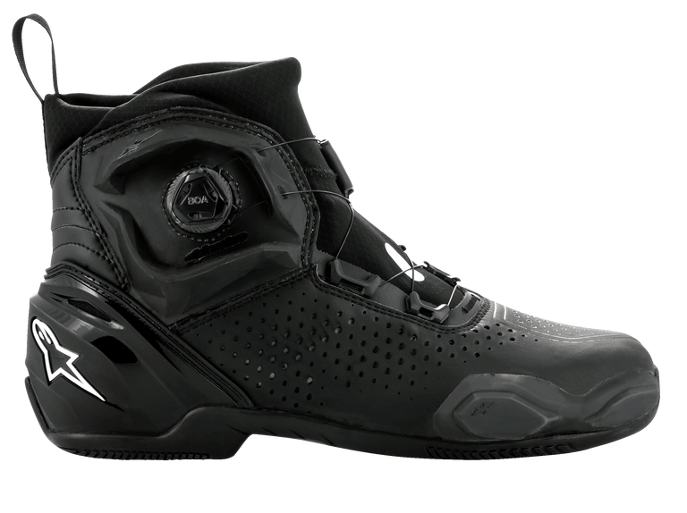 Alpinestars SP-2 Riding Shoes, Sport Motorcycle Riding Shoes, Black, featuring BOA speed closure system, perforated microfiber construction, white Astar logo on the heel, sleek profile for road riding