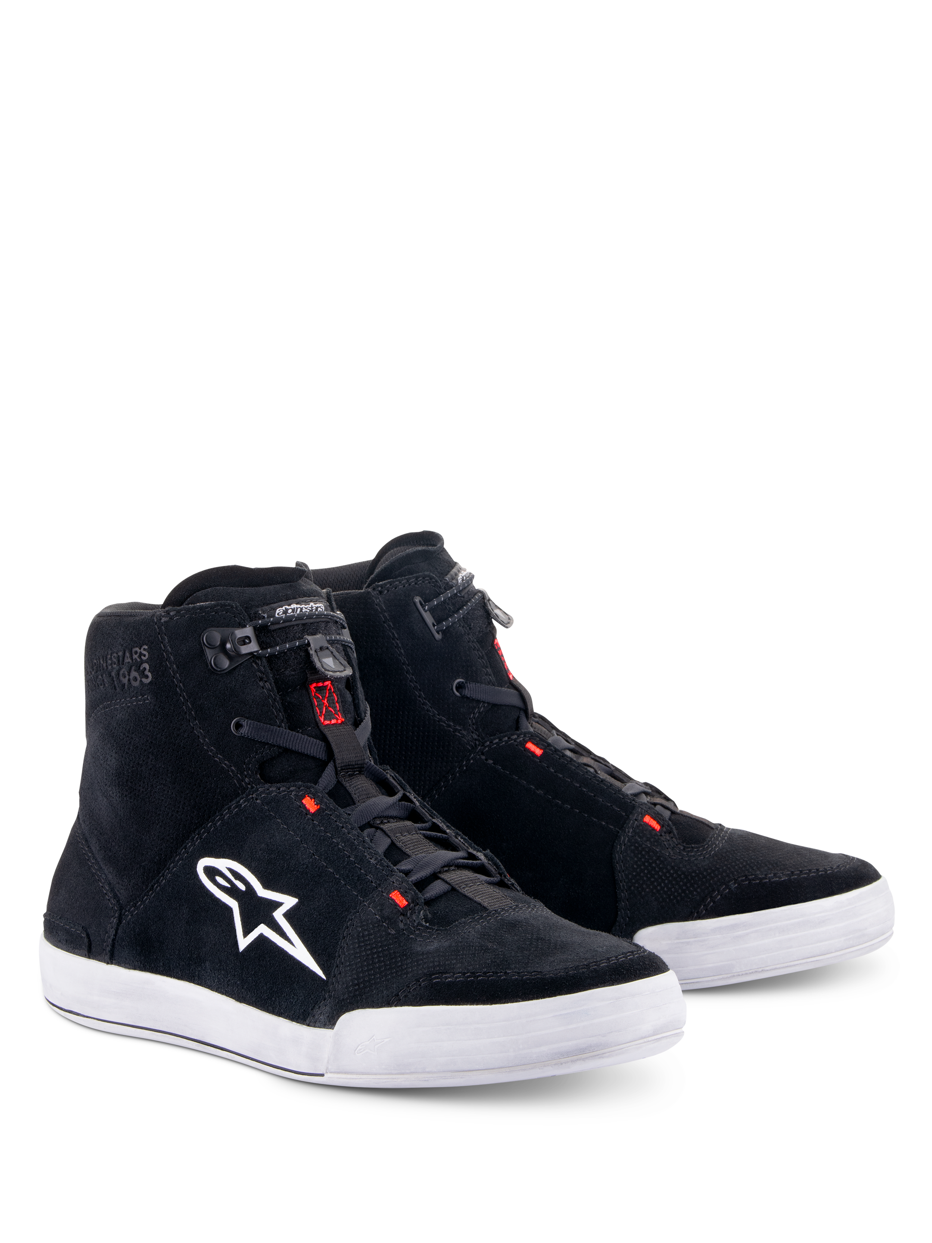 Alpinestars Chrome Shoes, Motorcycle Riding Shoes, Black and Cool Gray with Red Fluo accents, high-top silhouette, split suede upper with white rubber sole, featuring white side logo and quick-action elastic closure, casual urban streetwear style