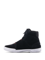 Alpinestars Chrome Shoes, Motorcycle Riding Shoes, Black and Cool Gray with Red Fluo, side profile view featuring split suede construction and a white rubber sole, casual sneaker silhouette for urban riding