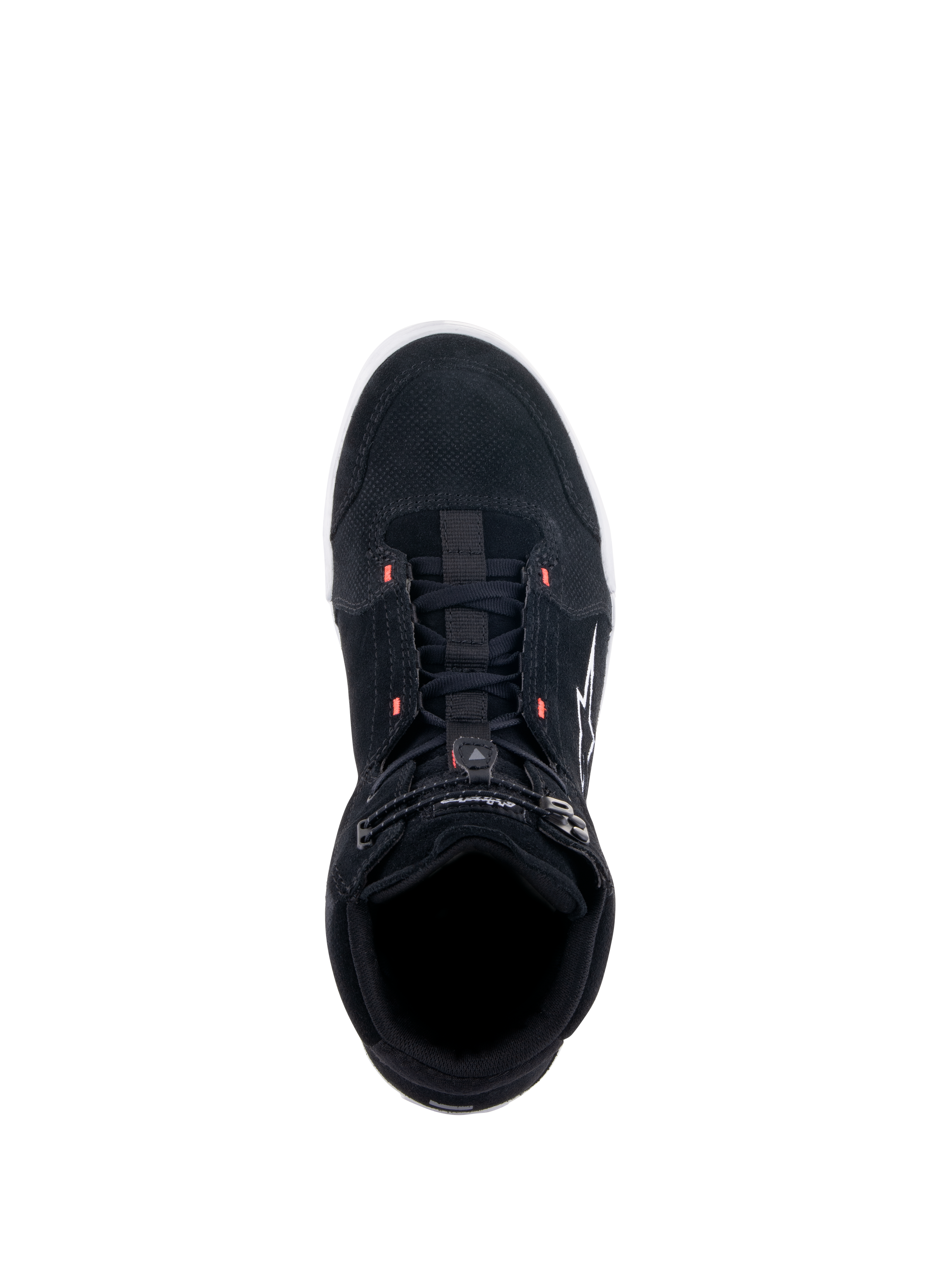 Alpinestars Chrome Shoes, Black Motorcycle Riding Shoes, top-down view showing split suede upper with red fluo accents, casual urban style featuring an elasticated top closure and white logo on the side.