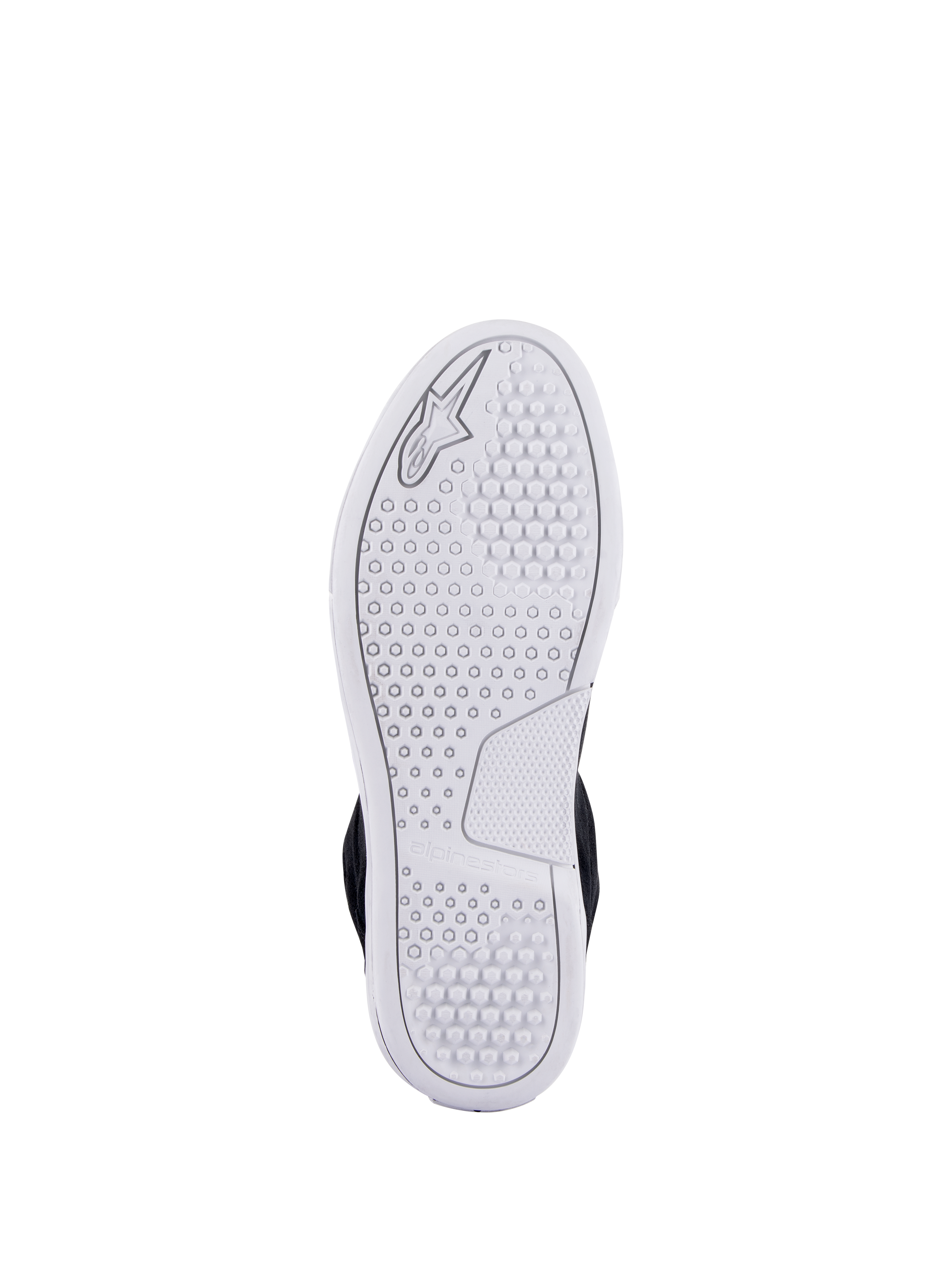 Alpinestars Chrome Shoes, white advanced urban sole view, featuring a hexagonal traction pattern and embossed Alpinestars logo, casual motorcycle riding footwear
