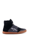 Alpinestars Chrome Shoes, high-top motorcycle riding sneakers, black and asphalt gray suede upper, gum brown sole, white star logo on the side, white laces, casual urban style with integrated protective features