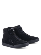 Alpinestars Chrome Air Shoe, Motorcycle Riding Shoes, Black Black, three-quarter front view, split suede and mesh upper with Alpinestars logo on the side, urban high-top sneaker design for road riding
