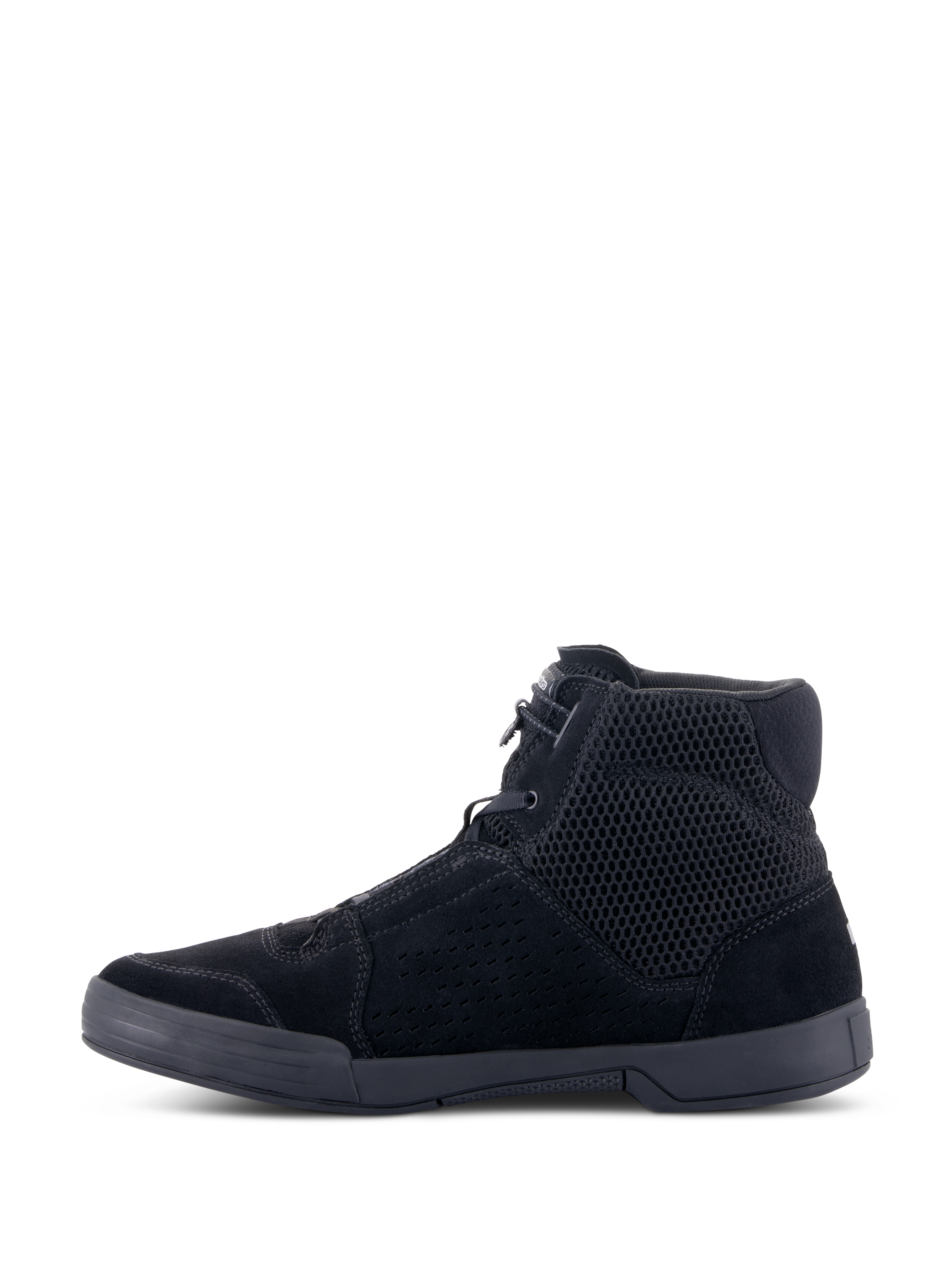 Alpinestars Chrome Air Shoe, Urban Motorcycle Riding Shoe, Black/Black, side profile view, high-top sneaker design with breathable mesh and split suede construction, flat rubber sole