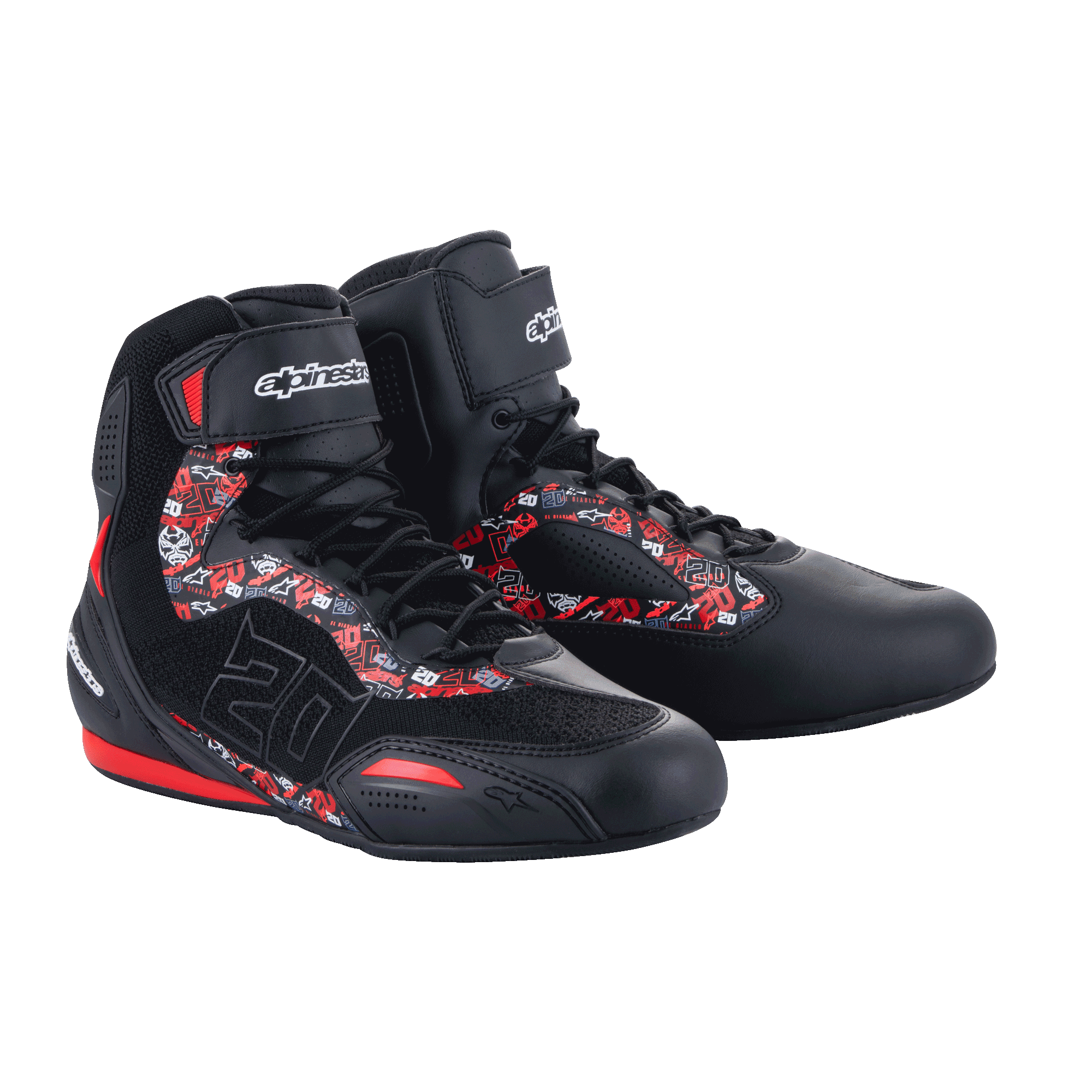 Alpinestars FQ20 Faster-3 Rideknit® Shoes, motorcycle riding shoes, Black and Bright Red, featuring red and white graphic patterns with Fabio Quartararo's number 20, knitted mesh and microfiber construction, Alpinestars logo on the ankle strap, sporty urban design for road riding.