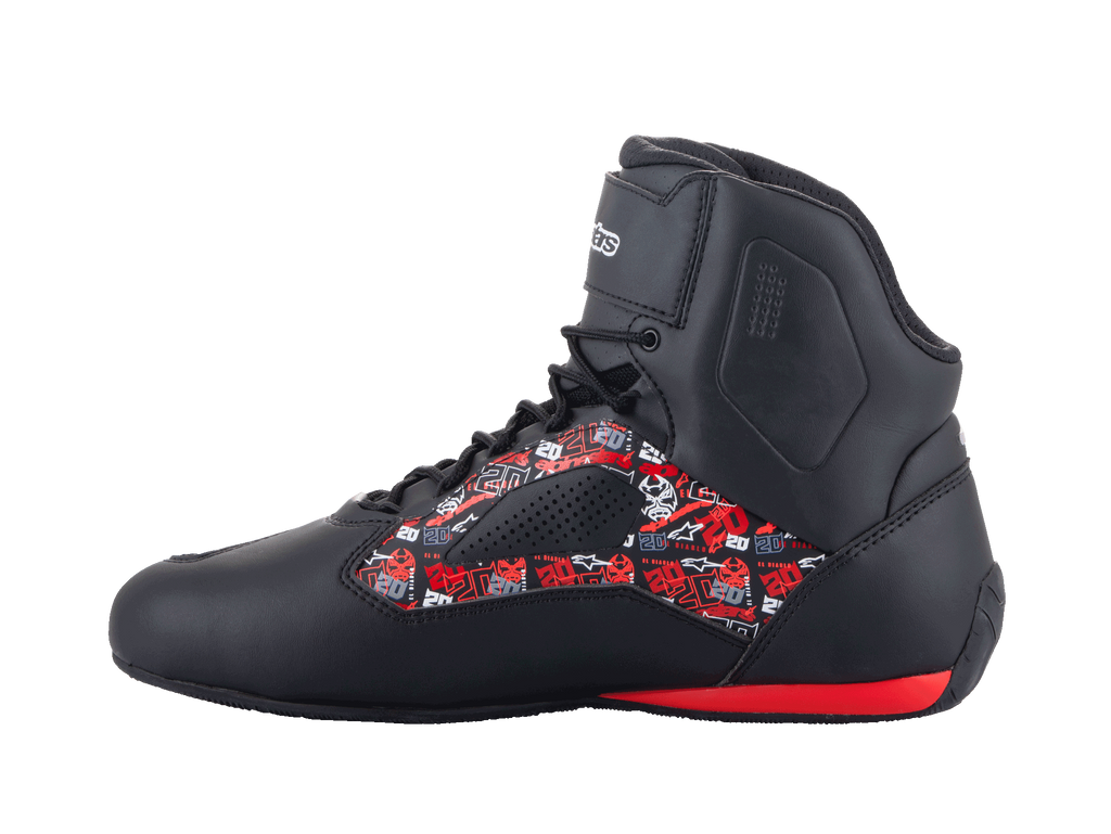 Alpinestars FQ20 Faster-3 Rideknit® Shoes, motorcycle riding shoes, black with red and white Fabio Quartararo graphics, high-top design with laces and ankle strap, red heel detail, side profile view