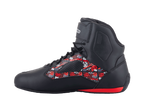 Alpinestars FQ20 Faster-3 Rideknit® Shoes, motorcycle riding shoes, black with red and white Fabio Quartararo graphics, high-top design with laces and ankle strap, red heel detail, side profile view