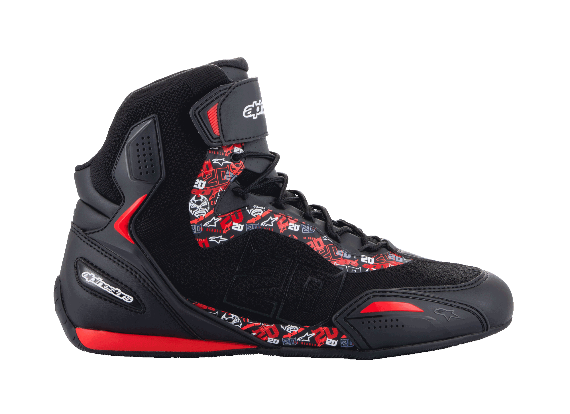 Alpinestars FQ20 Faster-3 Rideknit Shoes, Black high-top motorcycle riding shoes with bright red and white graphics, featuring Fabio Quartararo logos and patterns, knitted mesh upper with laces and ankle strap, sporty rubber sole with red accents, sleek racing-inspired design