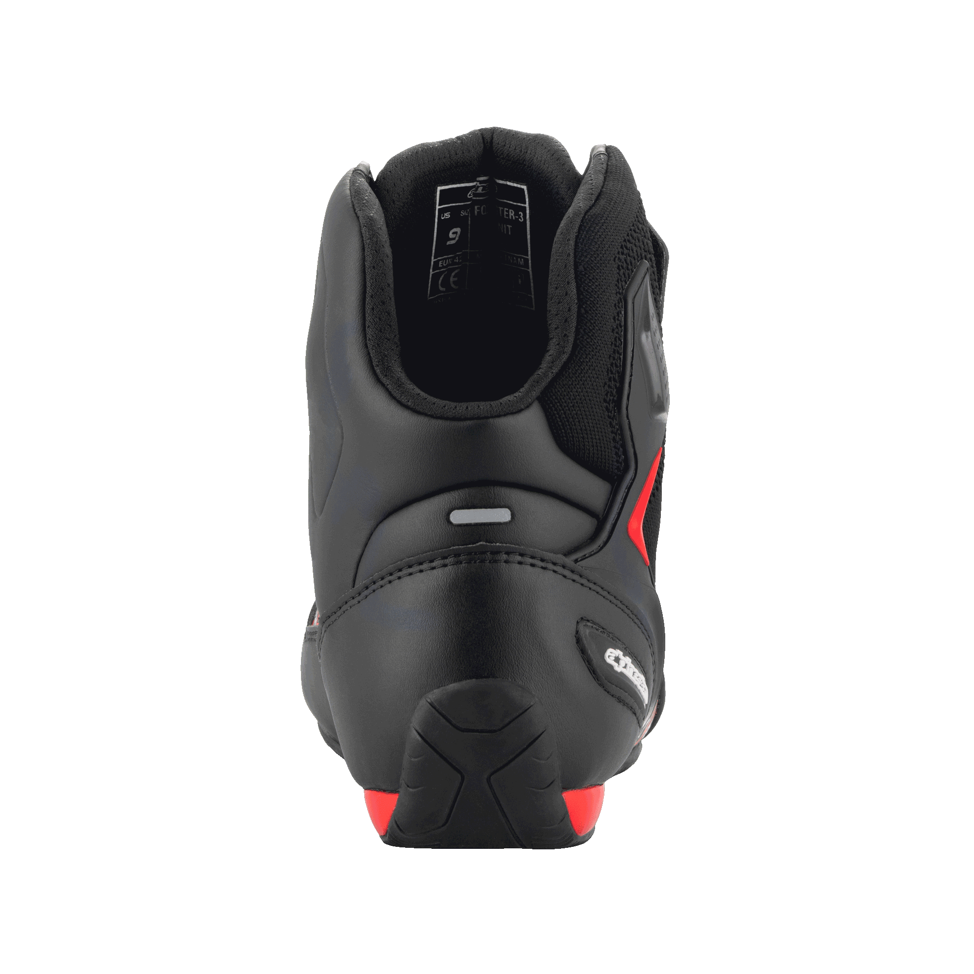 Alpinestars FQ20 Faster-3 Rideknit® Shoes, Black and Bright Red, rear view highlighting the contoured heel counter, reflective strip, and padded ankle collar, technical motorcycle riding footwear