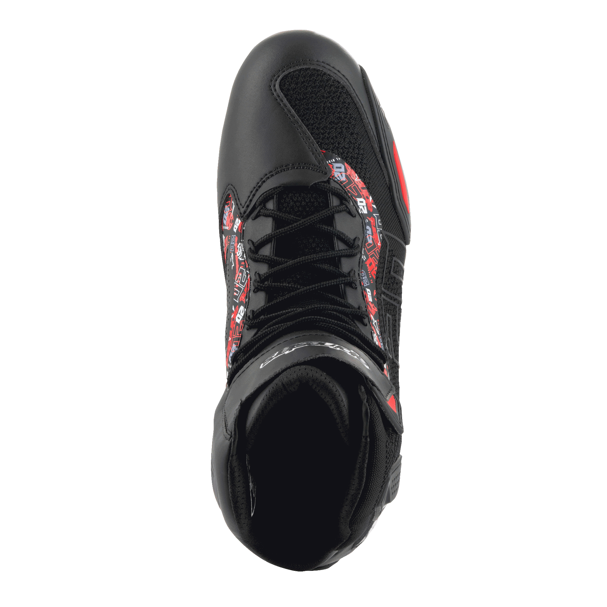 Alpinestars FQ20 Faster-3 Rideknit® Shoes, top-down view, Black and Bright Red, athletic design with laces and breathable mesh, featuring red and white graphic accents on the sides, urban sport motorcycle riding footwear