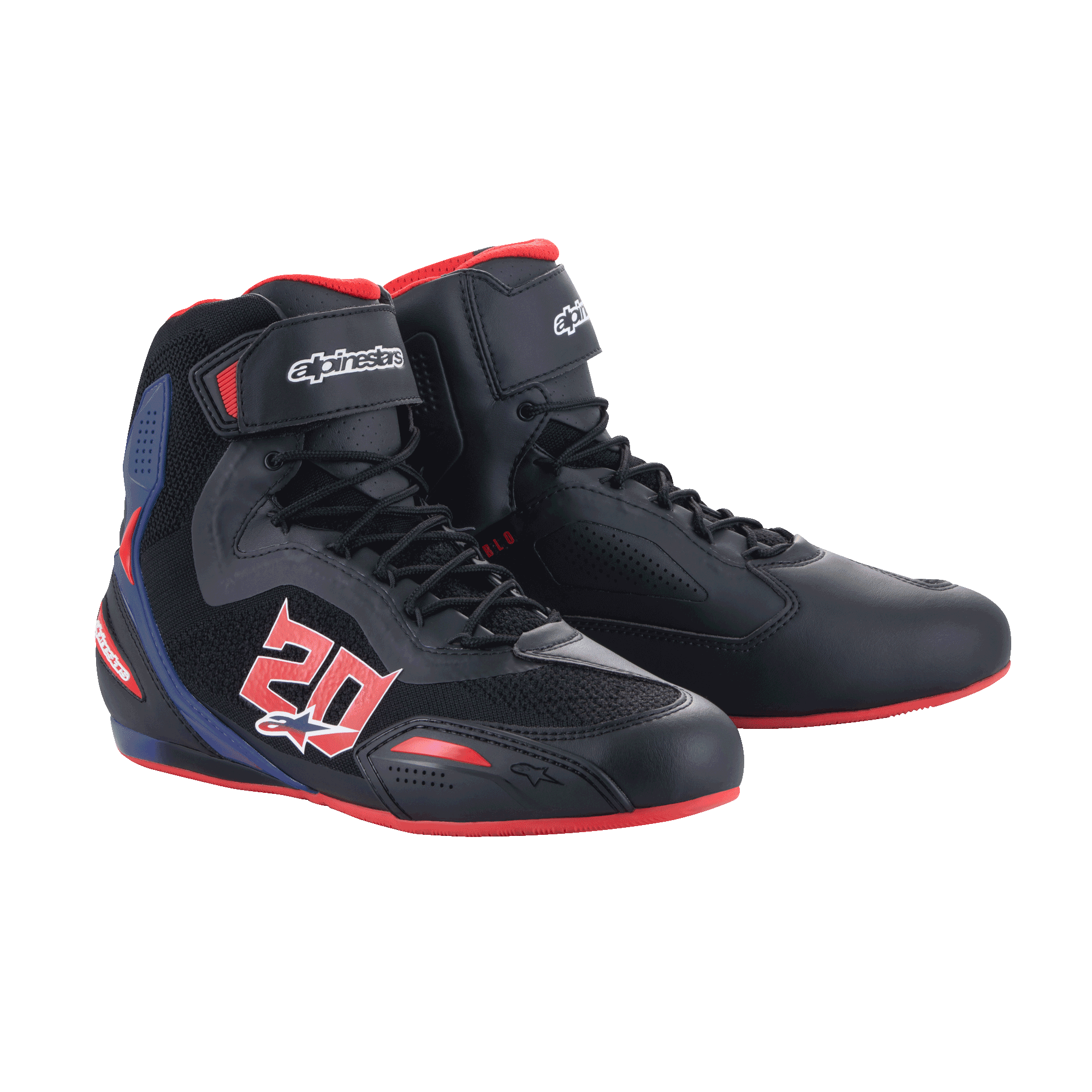 Alpinestars FQ20 Faster-3 Rideknit® Shoes, Motorcycle Riding Shoes, Black with Bright Red and Blue accents, featuring a bold '20' graphic on the side, breathable Rideknit mesh panels, lace-up closure with hook-and-loop strap, and a sporty racing-inspired design.