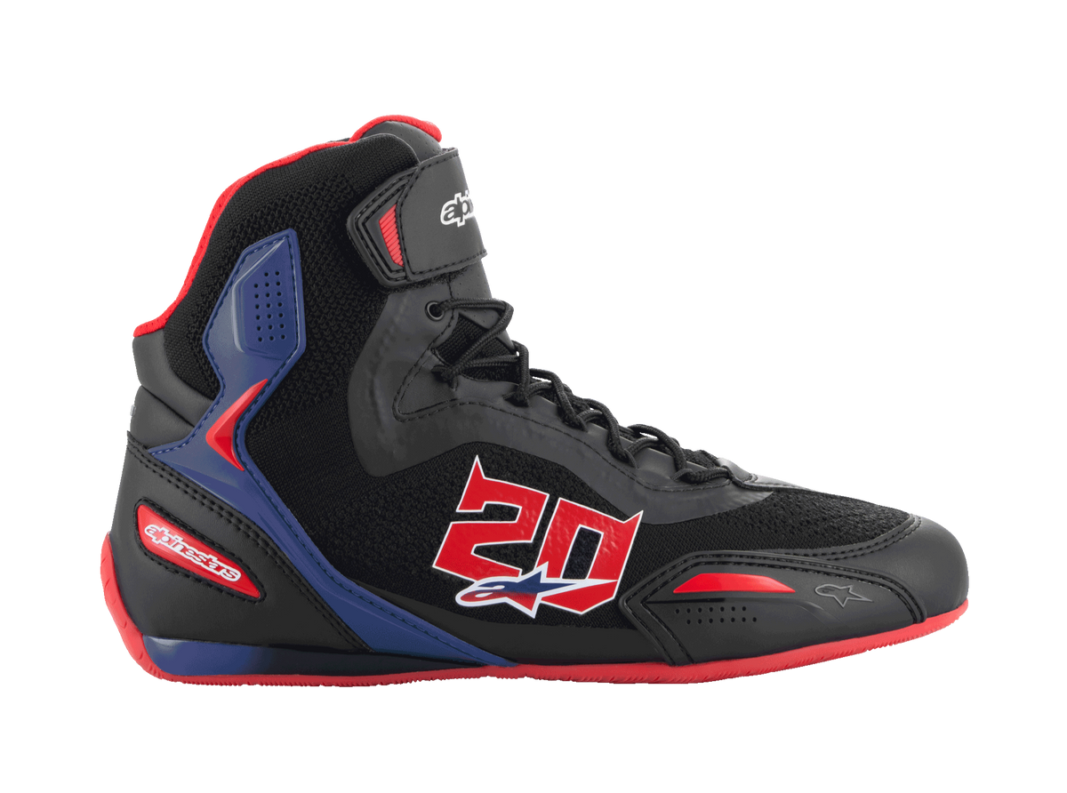 Alpinestars FQ20 Faster-3 Rideknit Shoes, Black high-top motorcycle riding shoes with bright red and blue accents, featuring a large red number 20 on the side, red sole, black laces, and breathable Rideknit mesh and synthetic construction.