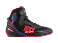 Alpinestars FQ20 Faster-3 Rideknit Shoes, Black high-top motorcycle riding shoes with bright red and blue accents, featuring a large red number 20 on the side, red sole, black laces, and breathable Rideknit mesh and synthetic construction.