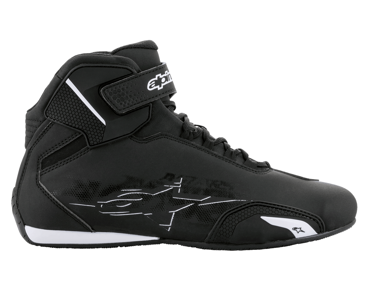 Alpinestars Sektor Shoes, Motorcycle Riding Shoes, Black and White, side profile featuring lightweight microfiber upper, speed lacing system, and hook-and-loop ankle strap with white branding, sleek protective design for road riding