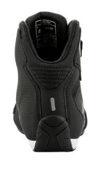 Alpinestars Sektor Shoes, Rear view, Black with white accents, featuring lightweight microfiber construction, a reflective heel tab, and padded ankle collar, sleek motorsport-inspired riding footwear