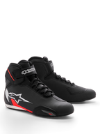 Alpinestars Sektor Shoe, Motorcycle Riding Shoes, Black White and Red Fluo, featuring a sleek microfiber chassis, speed lacing system with hook-and-loop ankle strap, and large white star logo with red accents on the side