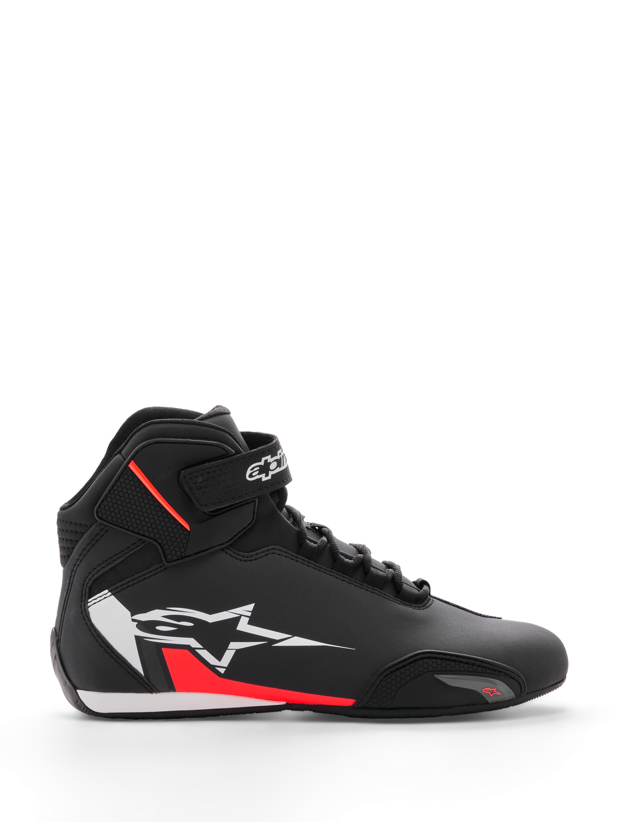 Alpinestars Sektor Shoe, Motorcycle Riding Shoes, Black White and Red Fluo, high-top design with speed lacing and ankle strap, large white star logo on side with red accents, microfiber upper with reinforced toe, sleek racing-inspired profile