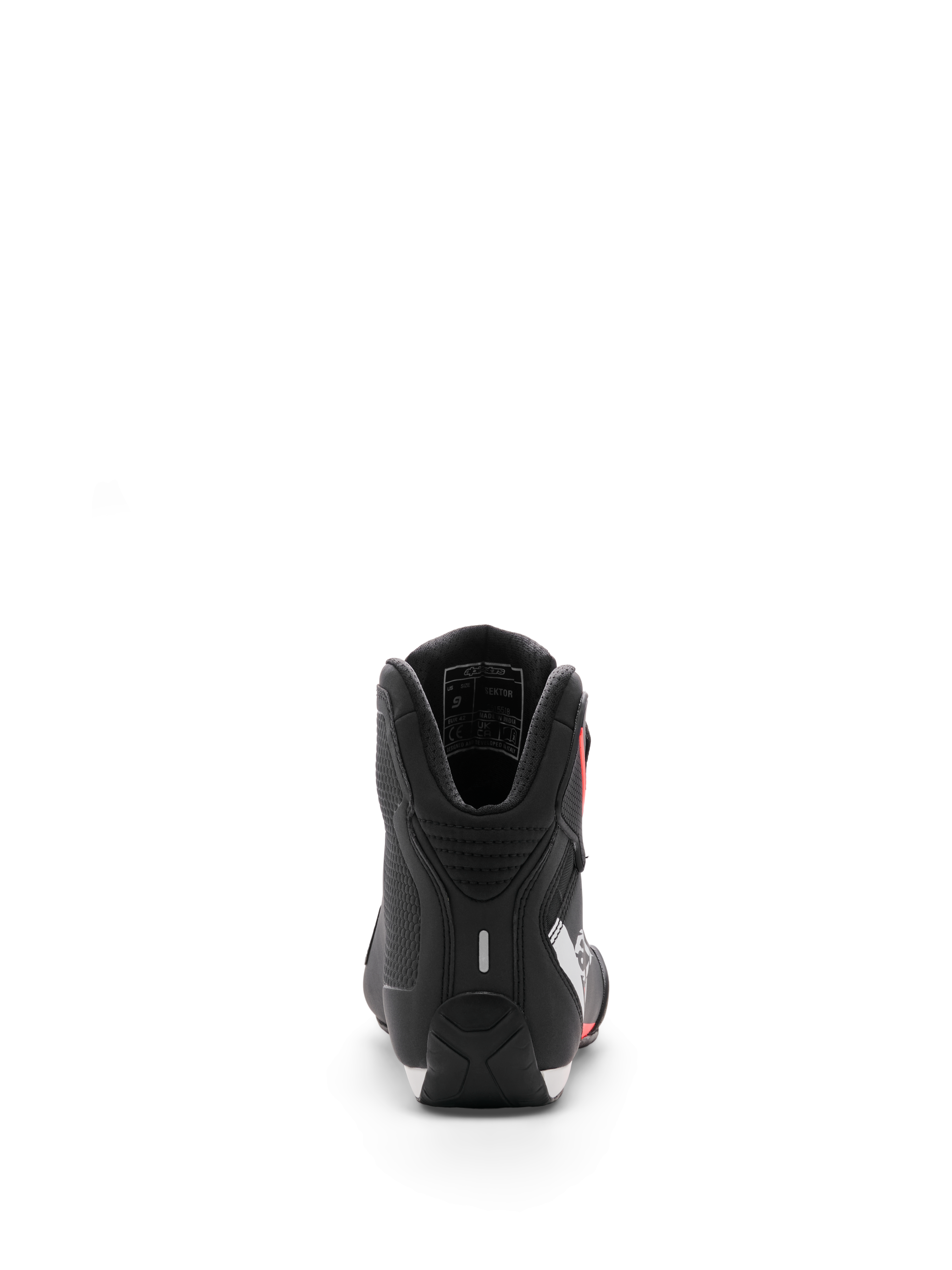 Alpinestars Sektor Shoe, Motorcycle Riding Shoes, Black White Red Fluo, rear view focusing on the heel and internal ankle padding, sleek microfiber finish for sport and road use