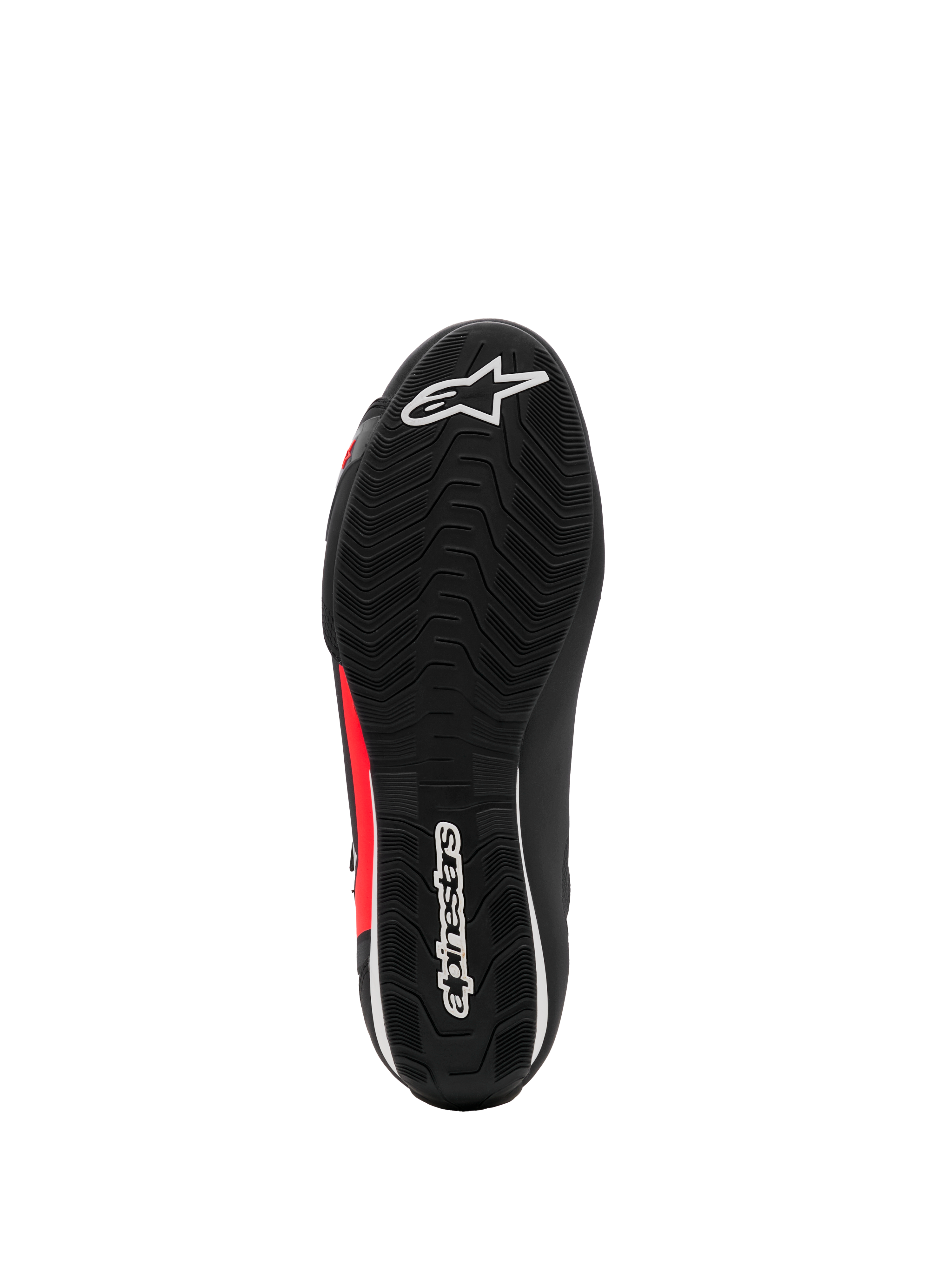 Alpinestars Sektor Shoe, Motorcycle Riding Shoes, Black White and Red Fluo, bottom view featuring textured rubber sole with white logos and red accents, lightweight road riding footwear design