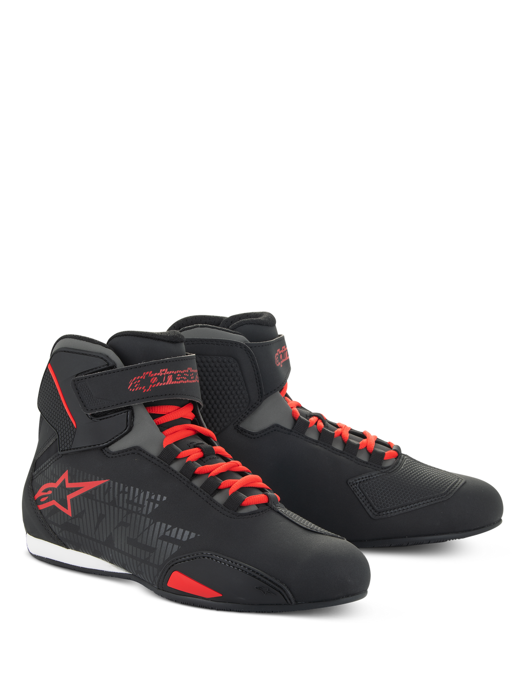 Alpinestars Sektor Shoes, low-cut motorcycle riding shoes, Black and Bright Red, featuring red speed lacing system, ankle straps, and bold red star logo, sleek microfiber construction for road and sport riding