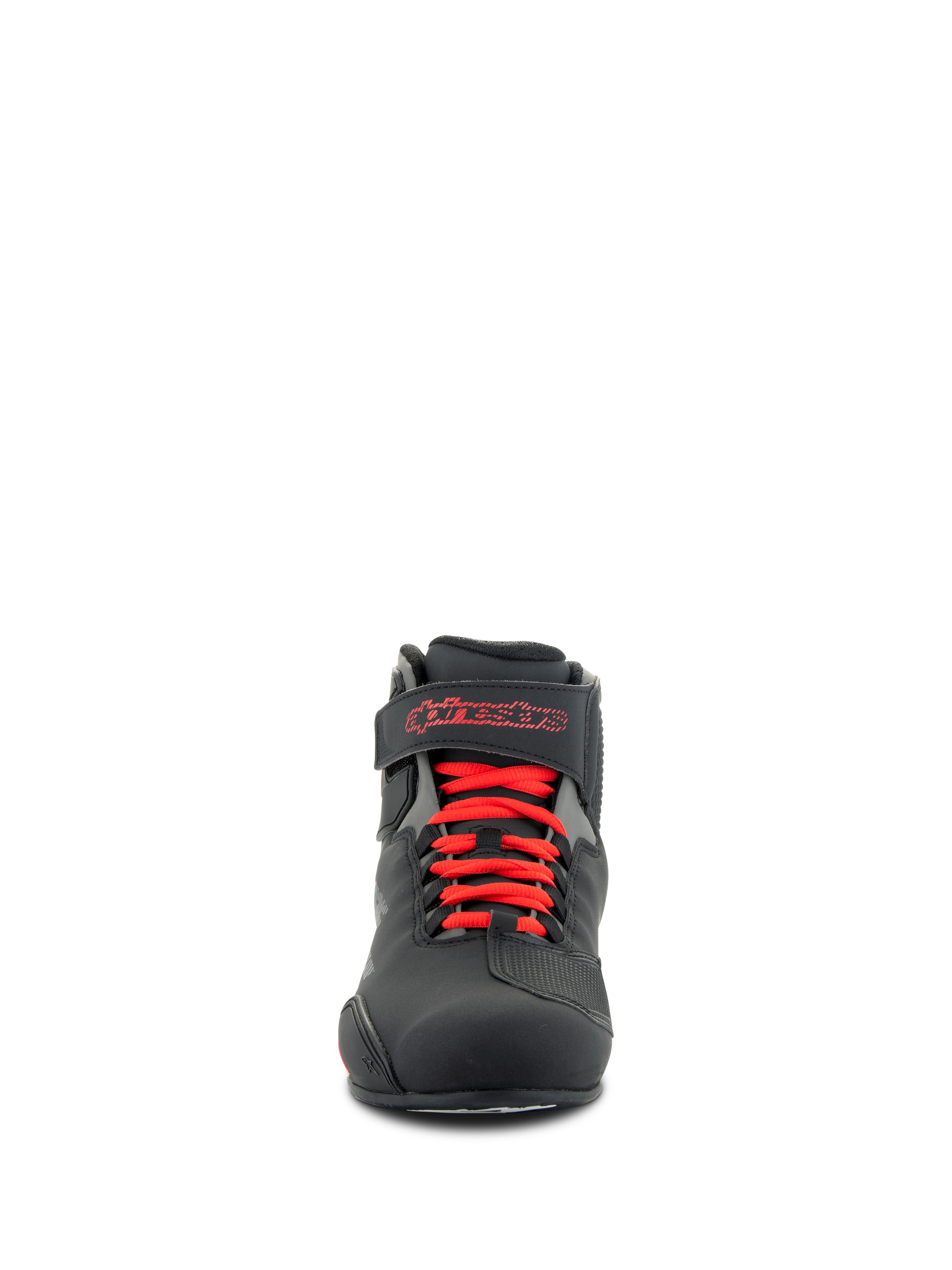 Alpinestars Sektor Shoes, Motorcycle Riding Shoes, Black and Bright Red, front view showing red laces and ankle strap with red Alpinestars logo, durable microfiber construction with a sleek sport profile