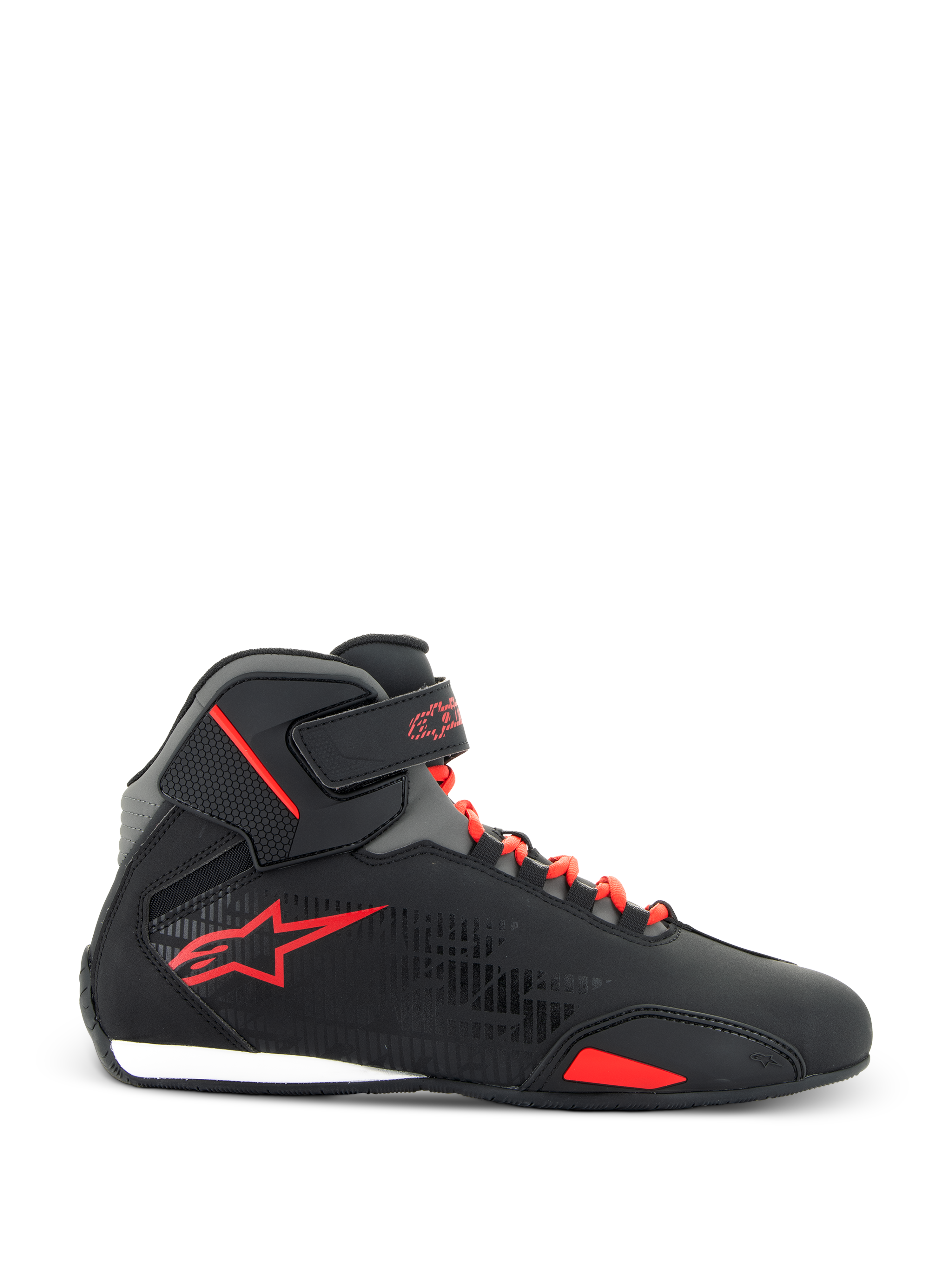 Alpinestars Sektor Shoes, Motorcycle Riding Shoes, Black and Bright Red, high-top profile with red laces and velcro ankle strap, red star logo on side, thin rubber sole with white heel accent, sleek microfiber and mesh construction