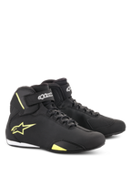 Alpinestars Sektor Shoes, Motorcycle Riding Shoes, Black and Yellow Fluorescent, mid-cut design featuring speed lacing and velcro ankle straps, yellow Alpinestars logo on the side, lightweight microfiber construction with sleek finish