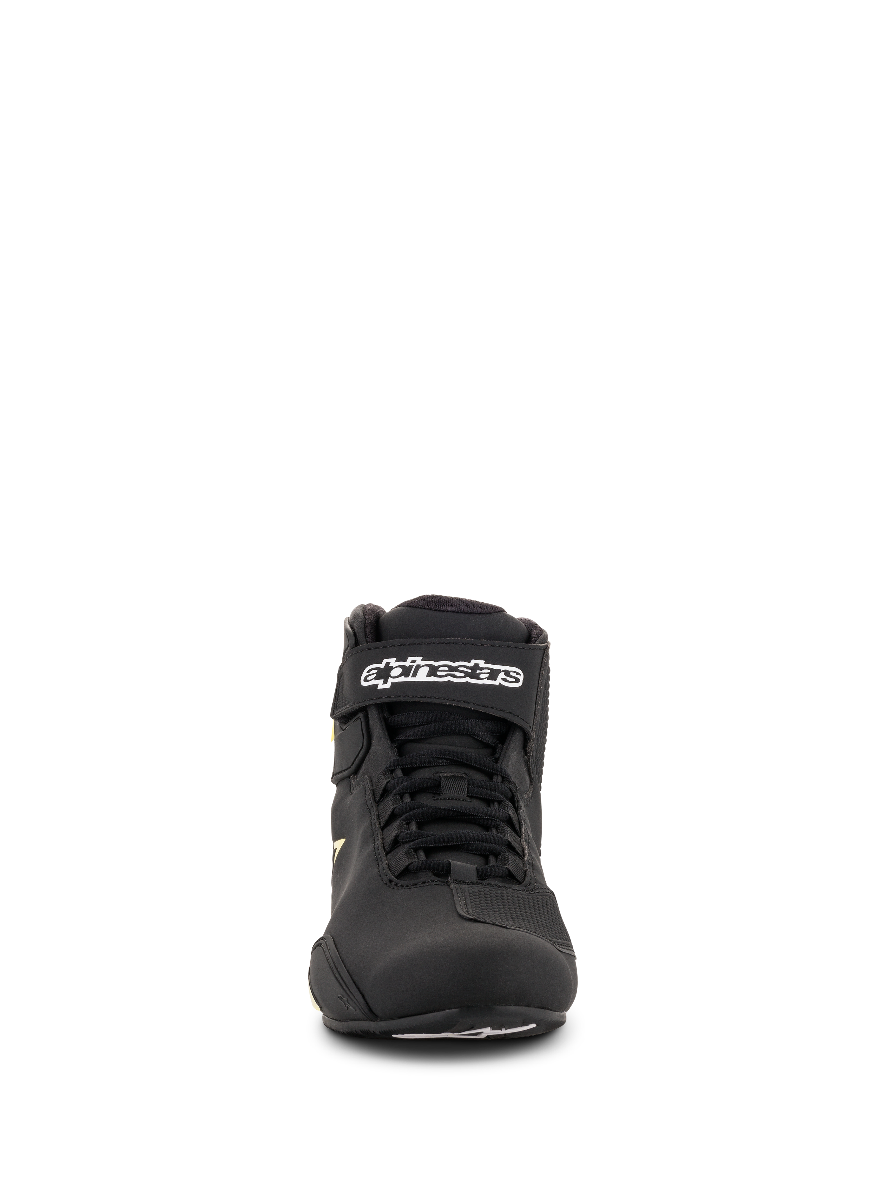 Alpinestars Sektor Shoes, Motorcycle Riding Shoes, Black and Yellow Fluo, front view featuring speed lacing system, ankle strap with white branding, and lightweight microfiber construction