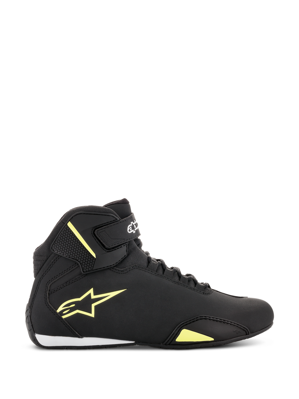 Alpinestars Sektor Shoes, Motorcycle Riding Shoes, Black and Yellow Fluorescent, side profile view featuring a yellow Astars logo, ankle strap with white branding, speed lacing system, and sleek microfiber construction.