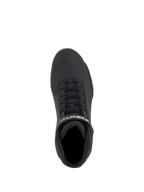Alpinestars Sektor Shoes, Motorcycle Riding Shoes, Black Yellow Fluo, top-down view featuring black microfiber upper, speed lacing system, ankle strap with white Alpinestars logo, and textured shifting pad.