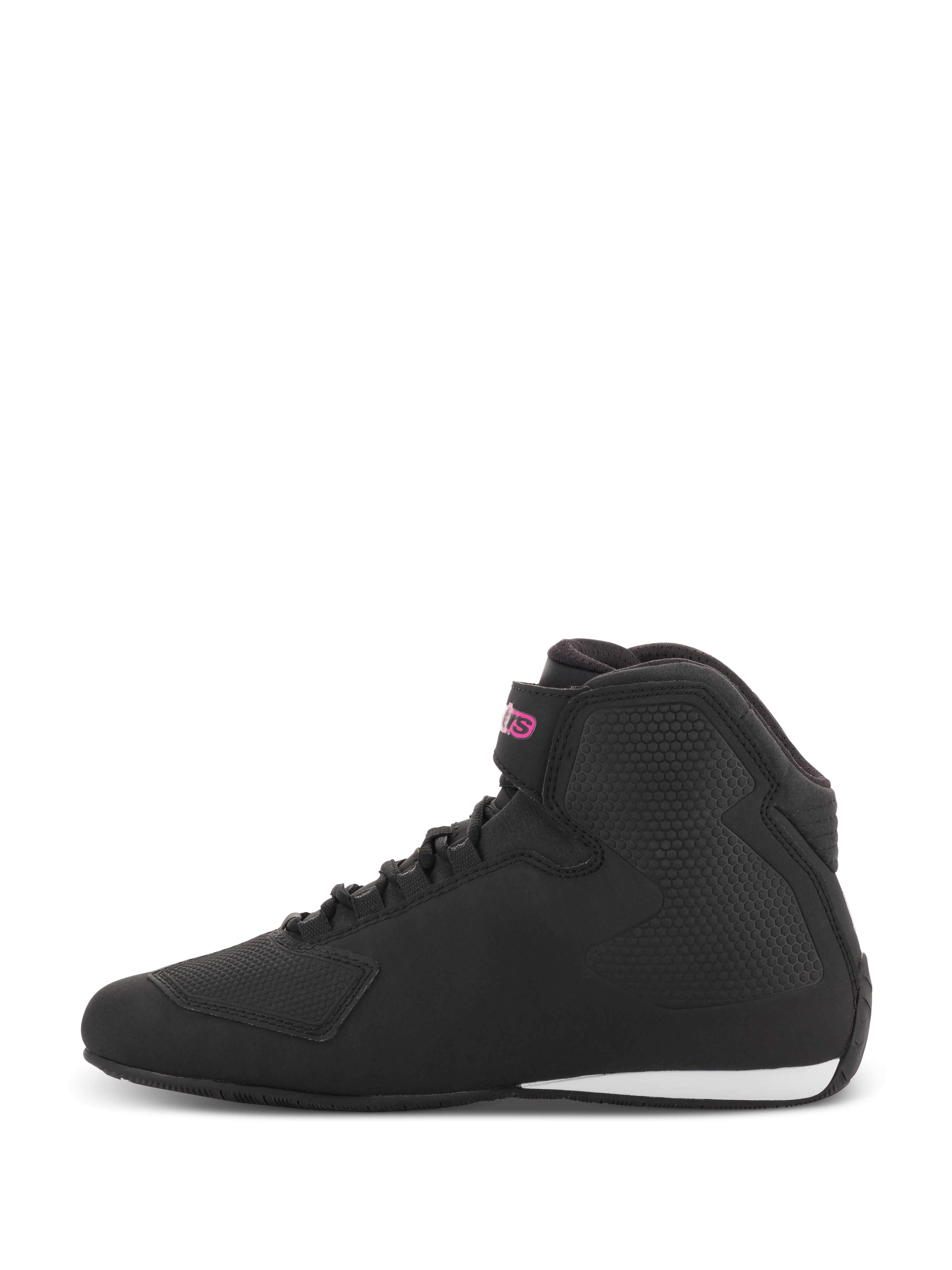Alpinestars Women Stella Sektor Shoes, Motorcycle Riding Shoes, Black and Fuchsia, side profile featuring a black microfiber upper with a pink logo on the ankle strap and a white accent on the heel.