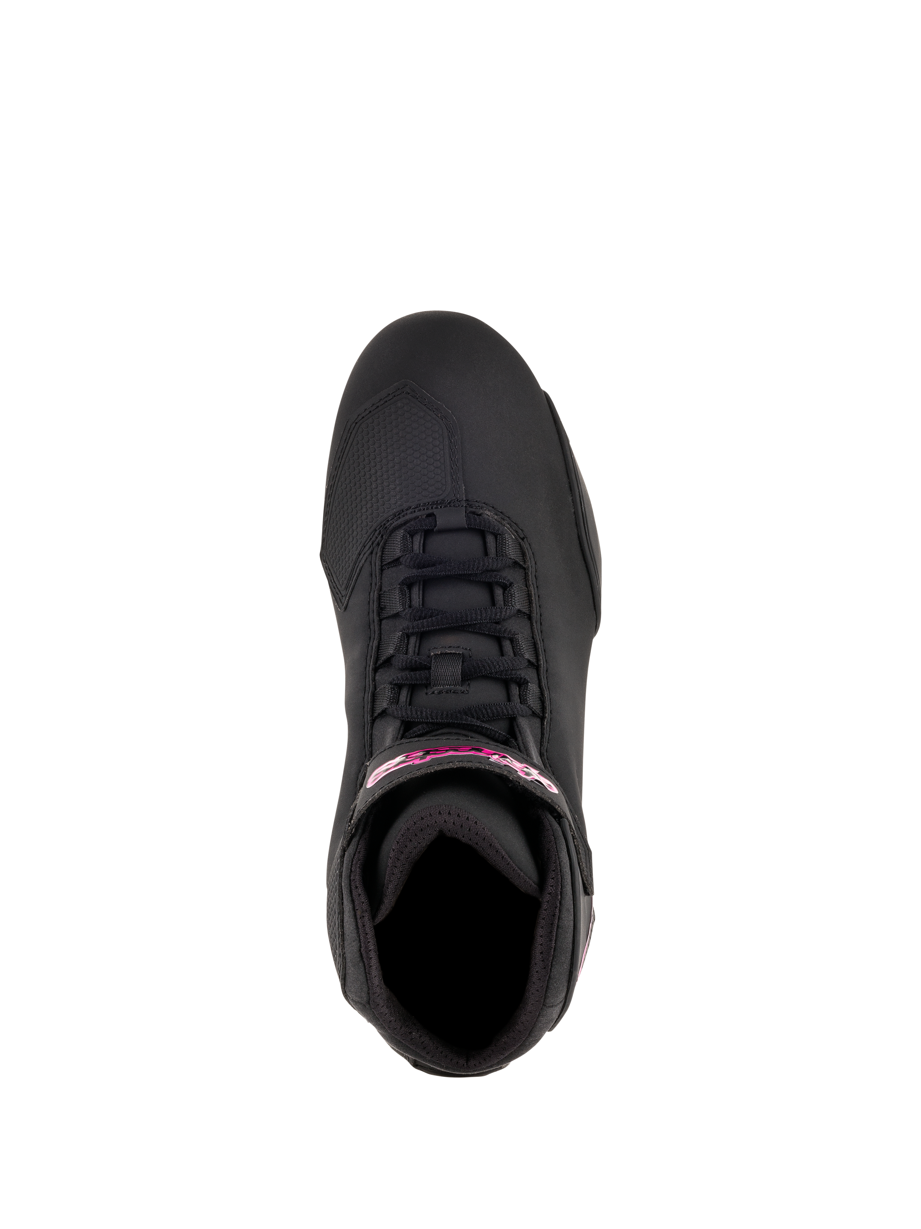 Alpinestars Women Stella Sektor Shoes, Motorcycle Riding Shoes, Black and Fuchsia, top-down view showing speed lace system and fuchsia branding on the ankle strap, lightweight microfiber construction with a sleek sport profile